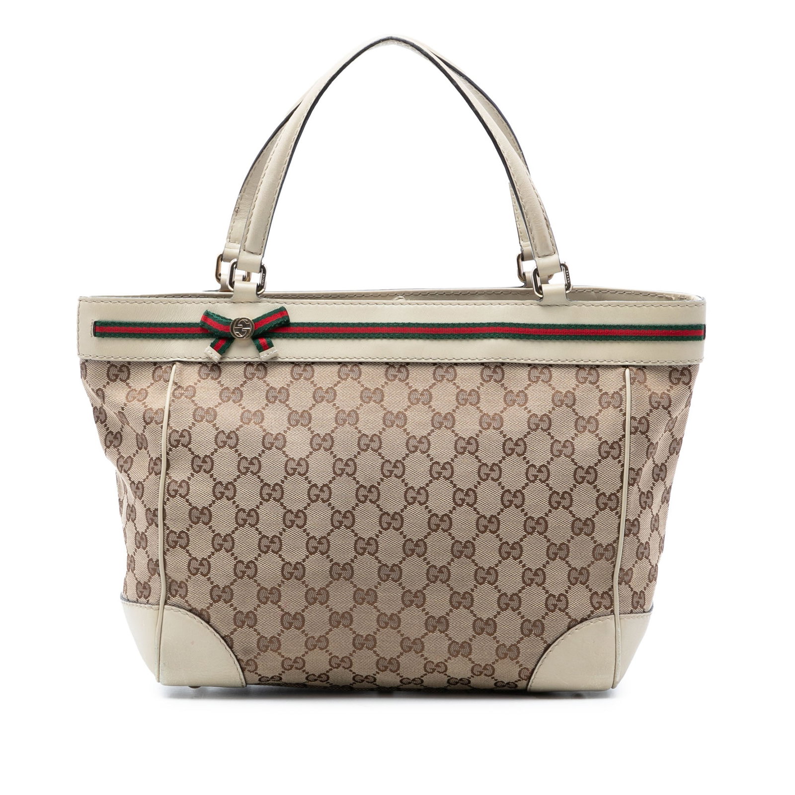Gucci Mayfair Tote in GG Canvas Web: Gucci Mayfair Tote in GG Canvas Web This Gucci GG Canvas Web Mayfair Tote features a beige canvas body with leather trim and flat leather straps. The bag has an open top with a magnetic snap button cl
