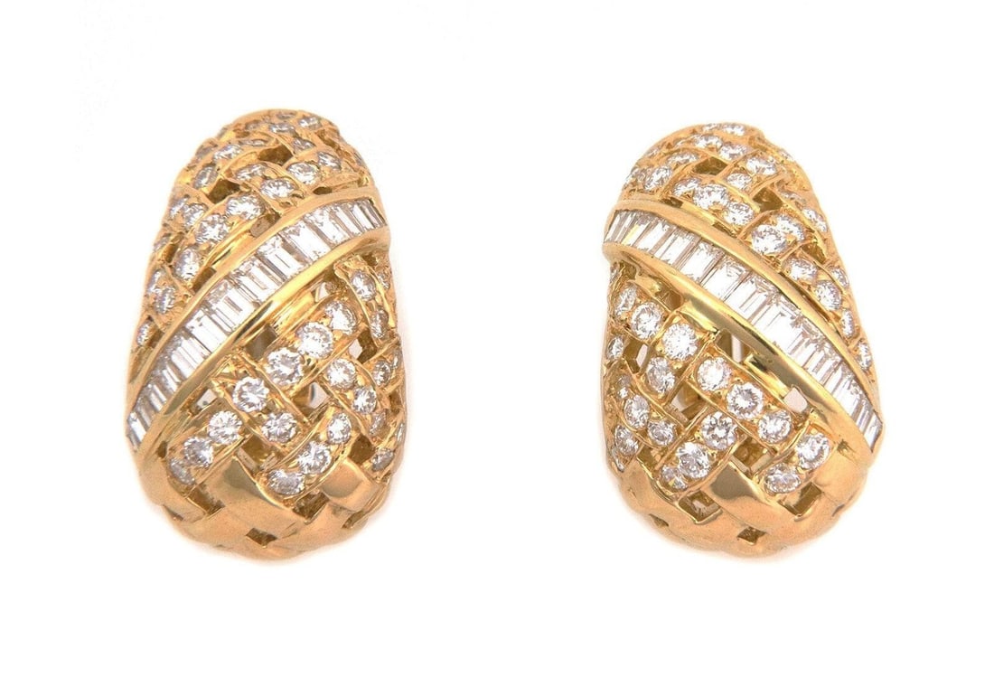 Tiffany & Co. Vannerie Clip-On Dome Earrings in 18k Yellow Gold with Diamonds: Tiffany & Co. Vannerie Clip-On Dome Earrings in 18k Yellow Gold with Diamonds Vintage Tiffany & Co. Vannerie basket weave dome clip-on earrings crafted in 18k yellow gold and set with natural diamonds