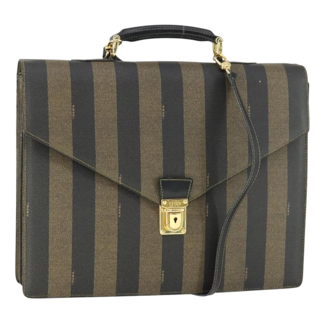 FENDI Pequin 2way Business Bag Brown Black PVC Leather: FENDI Pequin 2way Business Bag Brown Black PVC Leather Fendi Pequin canvas 2-way business bag in brown and black with gold-tone accents. Made in Italy, this women's bag features a structured business 