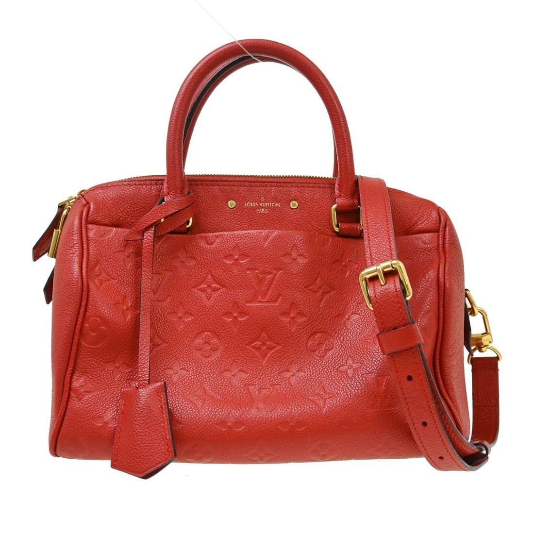 Louis Vuitton Speedy 25 Monogram Empreinte Red Top Handle Bag M44145: Louis Vuitton Speedy 25 Monogram Empreinte Red Top Handle Bag M44145 Louis Vuitton Monogram Empreinte Speedy Bandouliere 25 in red, styled as a top handle bag with double handles and zip closure. This