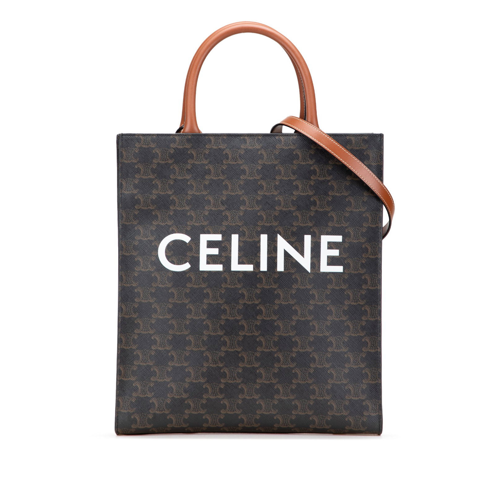 Celine Small Triomphe Brown Coated Canvas Vertical Cabas Tote: Celine Small Triomphe Brown Coated Canvas Vertical Cabas Tote Elevate your accessory collection with the Celine Small Triomphe Coated Canvas Vertical Cabas Tote. This stylish tote is crafted from dura