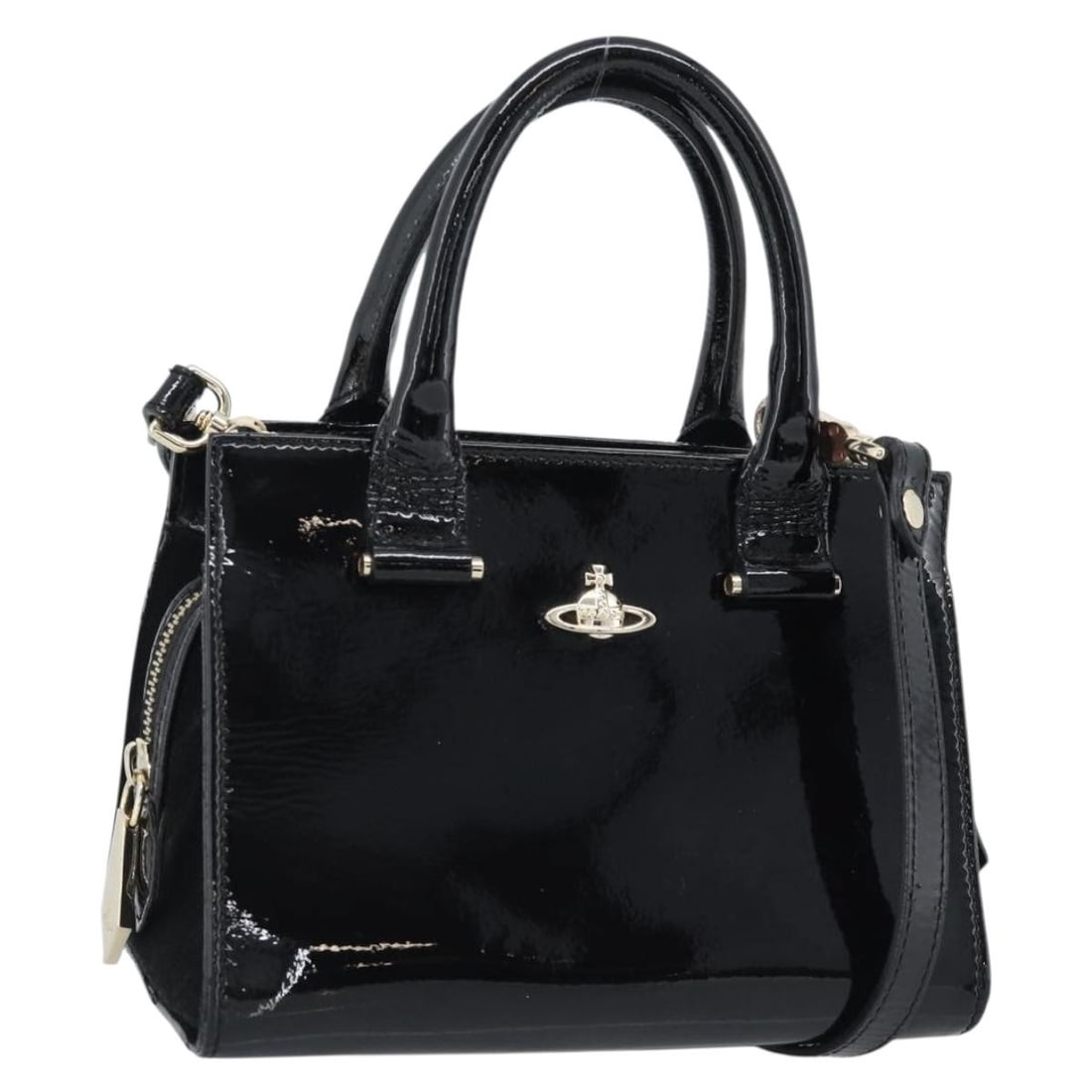 Vivienne Westwood 2 Way Enamel Handbag Black with Shoulder Strap: Vivienne Westwood 2 Way Enamel Handbag Black with Shoulder Strap Vivienne Westwood 2-way patent handbag in black with gold-tone accents. Made in Italy, this women's bag includes a shoulder strap for h