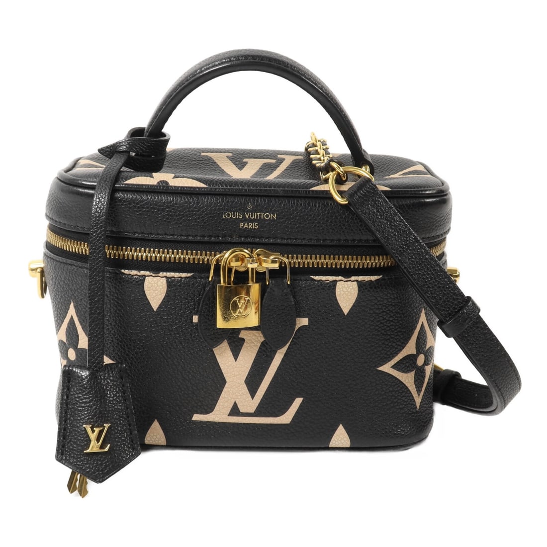 Louis Vuitton M45780 Vanity PM 2 Way Shoulder Bag Monogram Empreinte: Louis Vuitton M45780 Vanity PM 2 Way Shoulder Bag Monogram Empreinte A Louis Vuitton Vanity PM 2 Way Shoulder Bag in Monogram Empreinte, presented in black and beige. It is made from Monogram Empreint