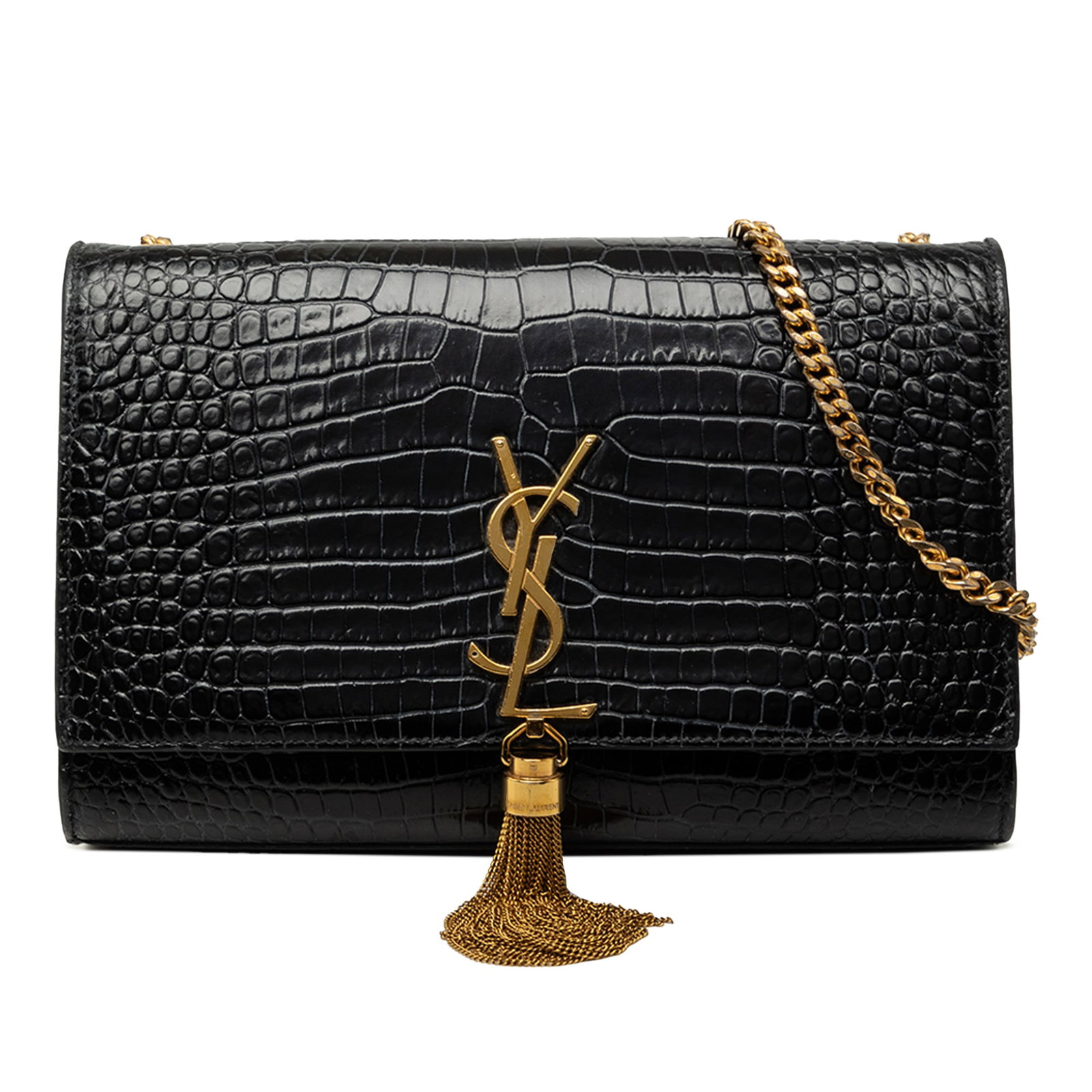Saint Laurent Kate Medium Black Patent Croc Embossed Leather Crossbody: Saint Laurent Kate Medium Black Patent Croc Embossed Leather Crossbody Saint Laurent Medium Croc Embossed Patent Monogram Kate Tassel Crossbody bag crafted in black leather with an embossed finish. It