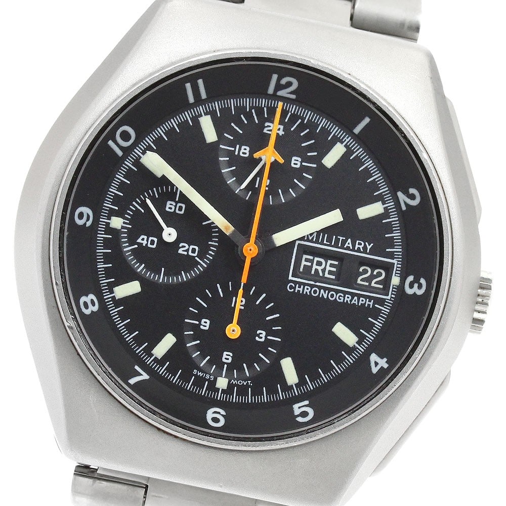 TUTIMA Military Chronograph automatic mens steel day date wristwatch: TUTIMA Military Chronograph automatic mens steel day date wristwatch Pre-owned Tutima Military Chronograph day-date automatic men's wristwatch with a black dial and stainless steel case and bracelet. 