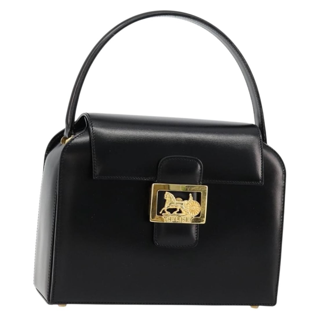 CELINE Horse Carriage black leather handbag with gold tone accents: CELINE Horse Carriage black leather handbag with gold tone accents Vintage CELINE horse carriage handbag in black leather with gold-tone accents. Made in Italy, this women's handbag shows reasonable w