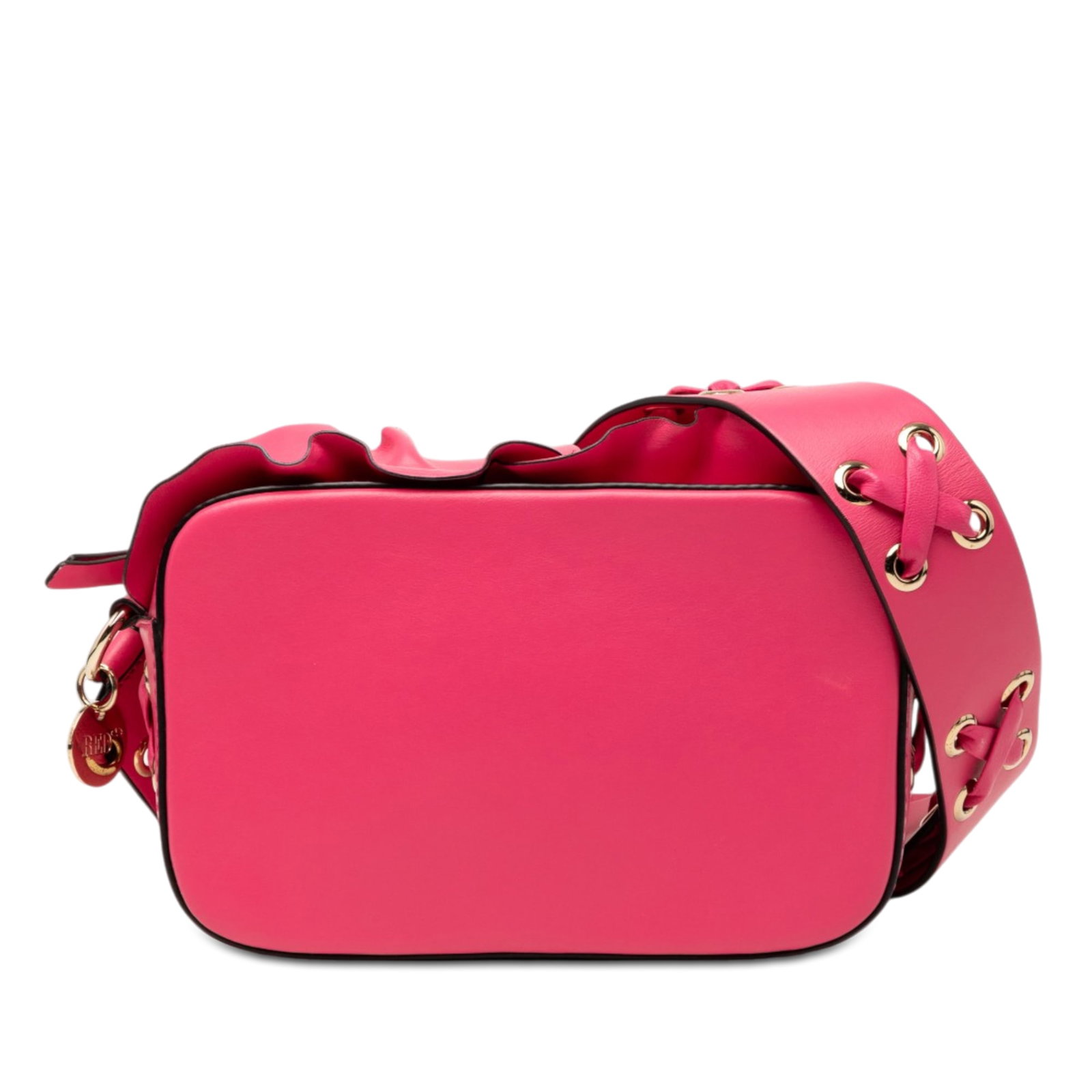 Valentino Ruffle Trim Leather Crossbody Bag Pink: Valentino Ruffle Trim Leather Crossbody Bag Pink Valentino leather crossbody bag with ruffle trim and a structured, compact silhouette. It features a flat leather strap, top zip closure, and an interi