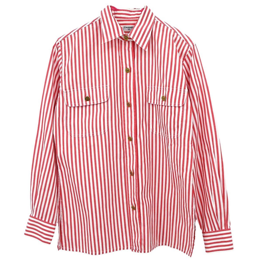 Vintage CHANEL Women's Collared Striped Button Shirt White Red: Vintage CHANEL Women's Collared Striped Button Shirt White Red Vintage Chanel striped shirt blouse in white and red with a collared neckline, long sleeves, button closure, and two exterior pockets. Th