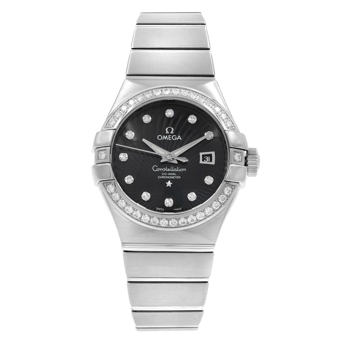 Omega Constellation Ladies Watch 123.55.31.20.51.001 18K White Gold Black Dial: Omega Constellation Ladies Watch 123.55.31.20.51.001 18K White Gold Black Dial Omega Constellation ladies watch featuring a black dial with diamond details, a date display, and automatic mechanical mo