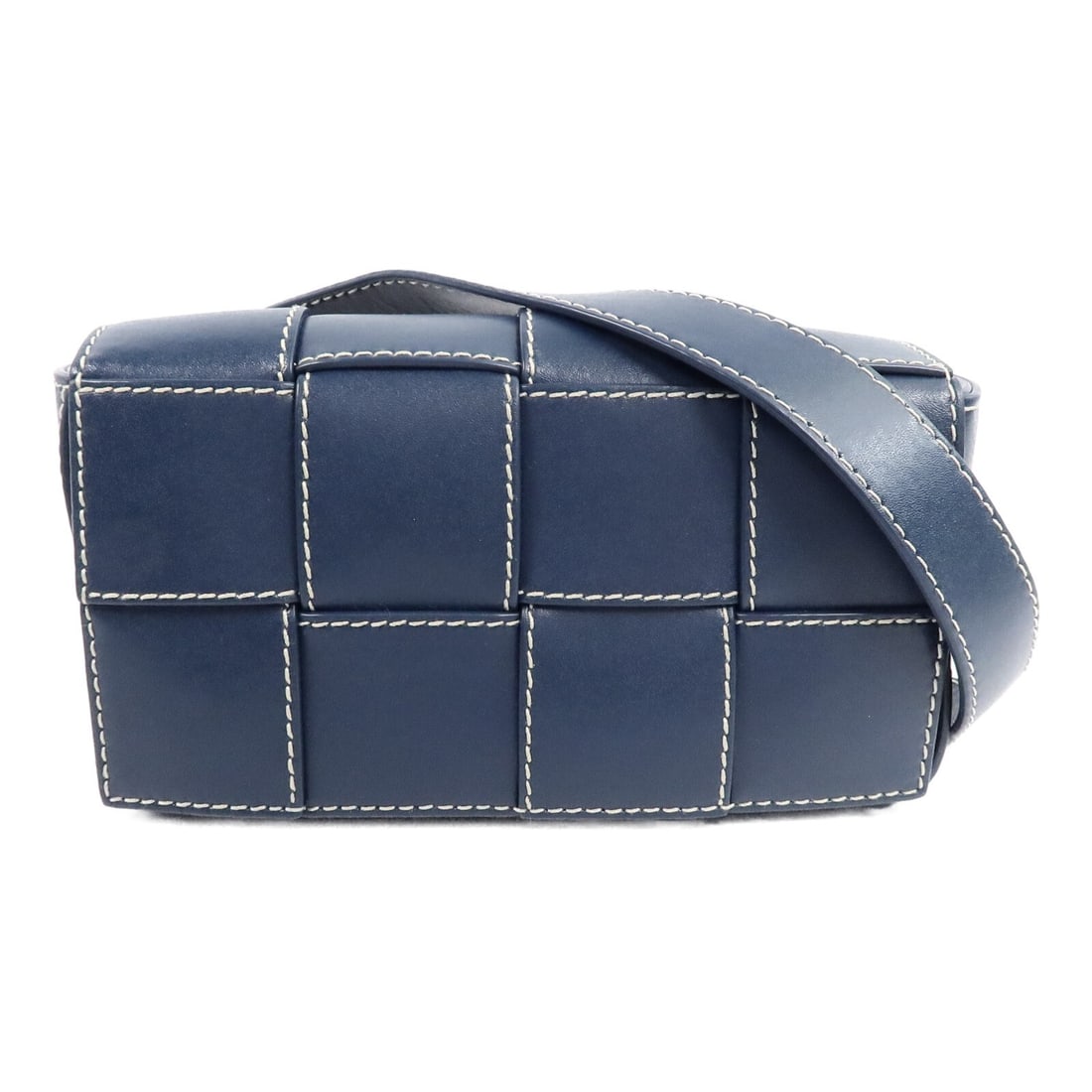 Bottega Veneta Cassette Small Navy Calfskin Shoulder Bag SHW: Bottega Veneta Cassette Small Navy Calfskin Shoulder Bag SHW Small Bottega Veneta Cassette shoulder bag in navy calfskin leather with silver-tone hardware. This women's shoulder bag features a magneti