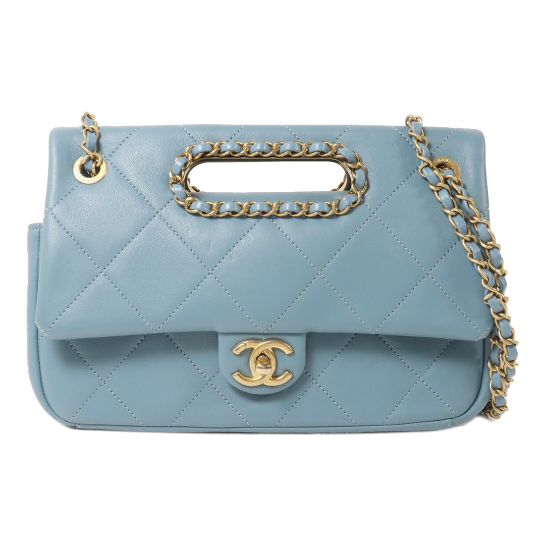 CHANEL AS1466 CC 2way Shoulder Bag Blue Calfskin Chain GHW: CHANEL AS1466 CC 2way Shoulder Bag Blue Calfskin Chain GHW A CHANEL 2-way shoulder bag in blue calfskin (cowhide) leather with a CC turn-lock closure and GHW chain detail. The bag is described as a re