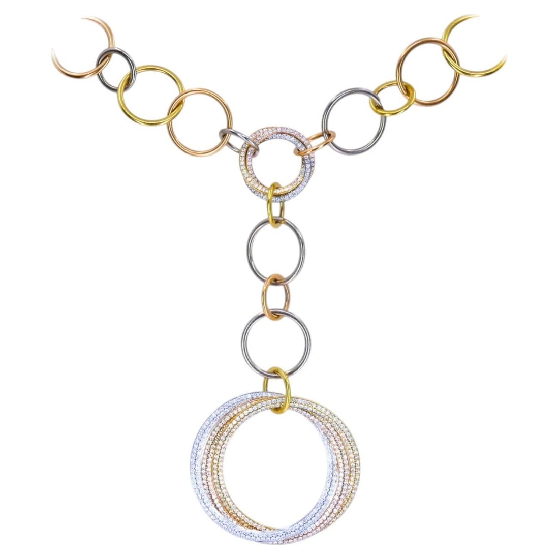 Cartier Trinity Collection Diamond Necklace in 18k Three Tone Gold: Cartier Trinity Collection Diamond Necklace in 18k Three Tone Gold Vintage Cartier Trinity necklace from the Trinity Collection, crafted in 18k yellow, white, and rose gold. The design features interl
