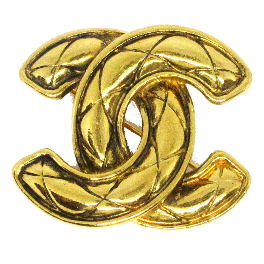 Chanel CC Logo Quilted Gold Tone Brooch Pin: Chanel CC Logo Quilted Gold Tone Brooch Pin Gold-tone Chanel brooch featuring the iconic interlocking CC logo with a quilted design. Made in France, this logo-themed pin includes the box and shows rea