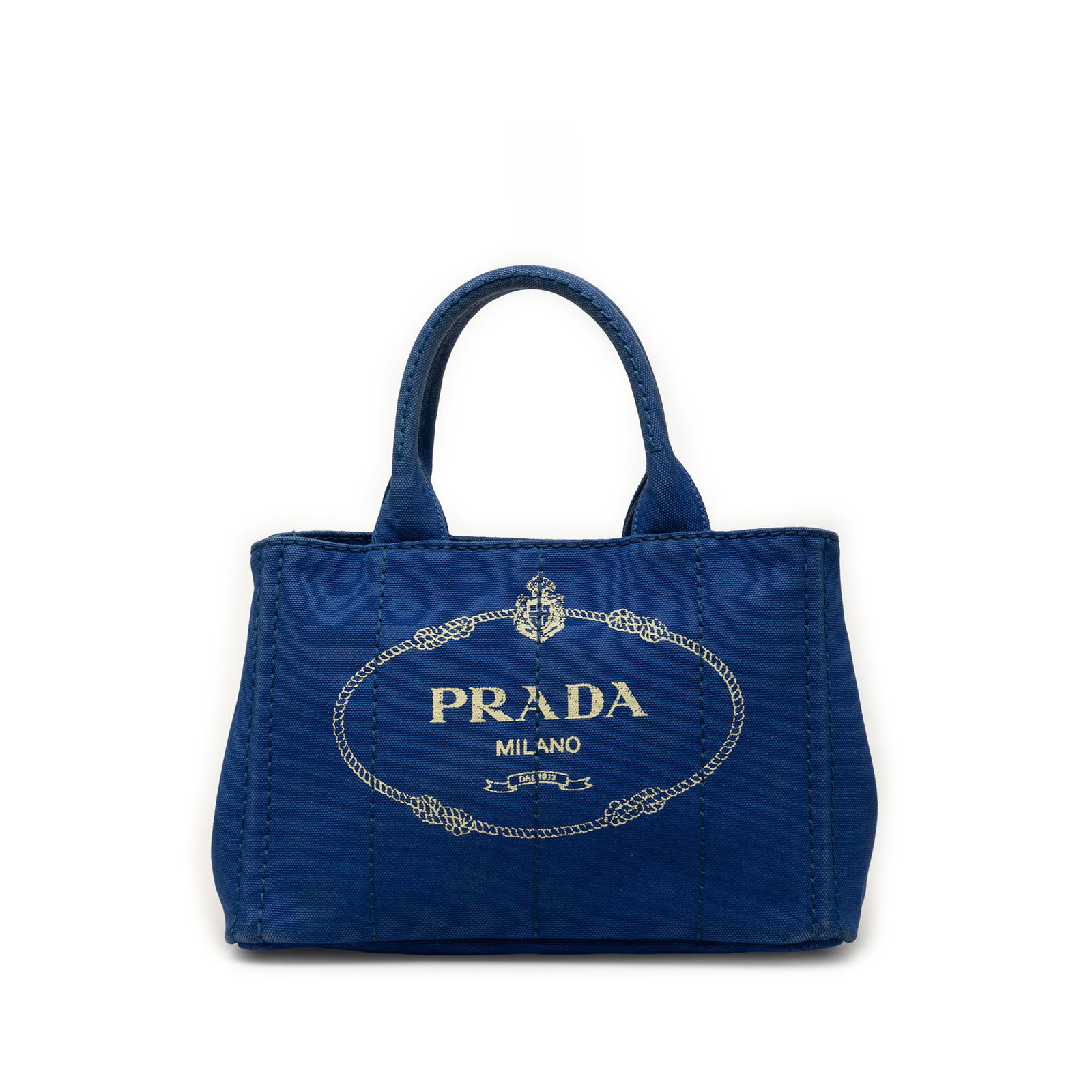 Prada Canapa Small Blue Canvas Satchel Tote: Prada Canapa Small Blue Canvas Satchel Tote Prada small Canapa logo tote in blue canvas with rolled handles, an open top, and interior zip and slip pockets. Made in India. Condition is B+ with visible