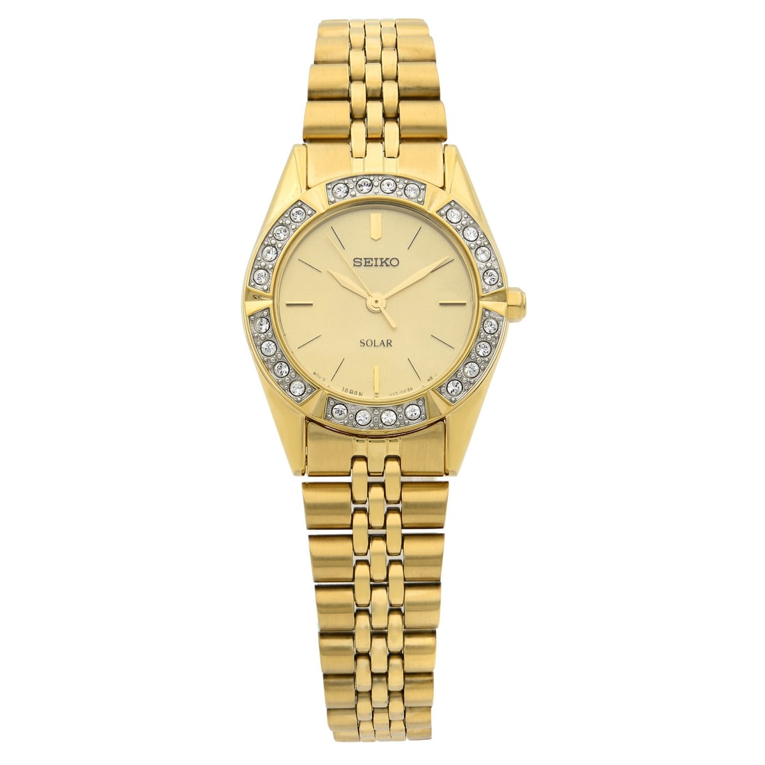 Seiko SUP096 womens solar quartz watch gold tone Swarovski bezel: Seiko SUP096 womens solar quartz watch gold tone Swarovski bezel Pre-owned Seiko ladies wristwatch with a casual analog design and solar quartz movement. It features a round stainless steel case and b
