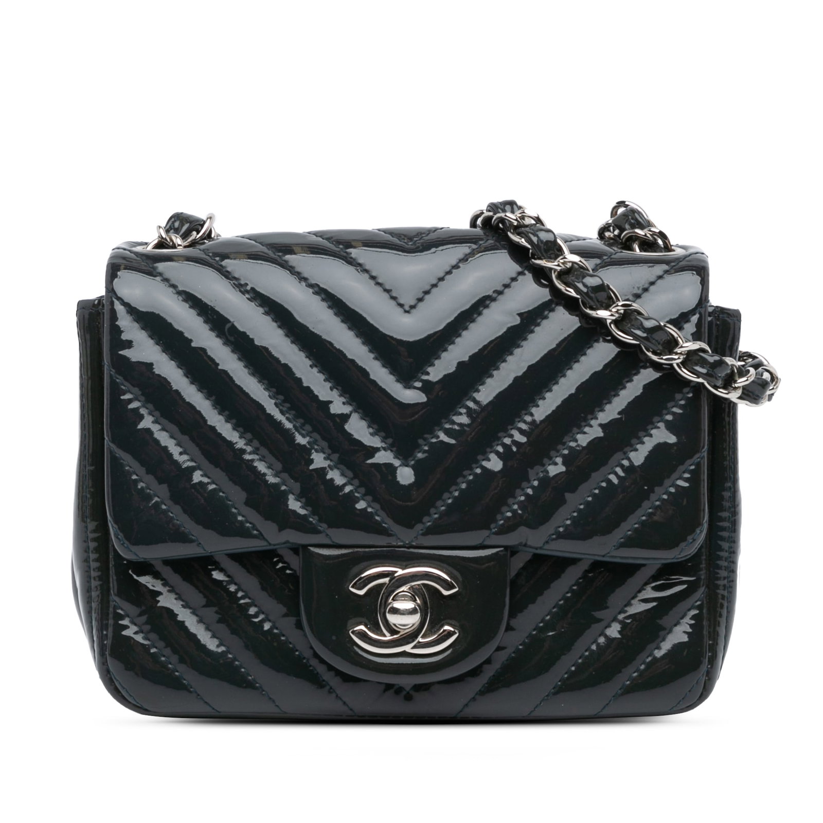 Chanel Mini Square Blue Chevron Flap Bag Patent Leather: Chanel Mini Square Blue Chevron Flap Bag Patent Leather This Chanel Mini Square Classic Chevron Patent Flap crossbody bag showcases a stylish quilted patent leather exterior in a vibrant blue color. I