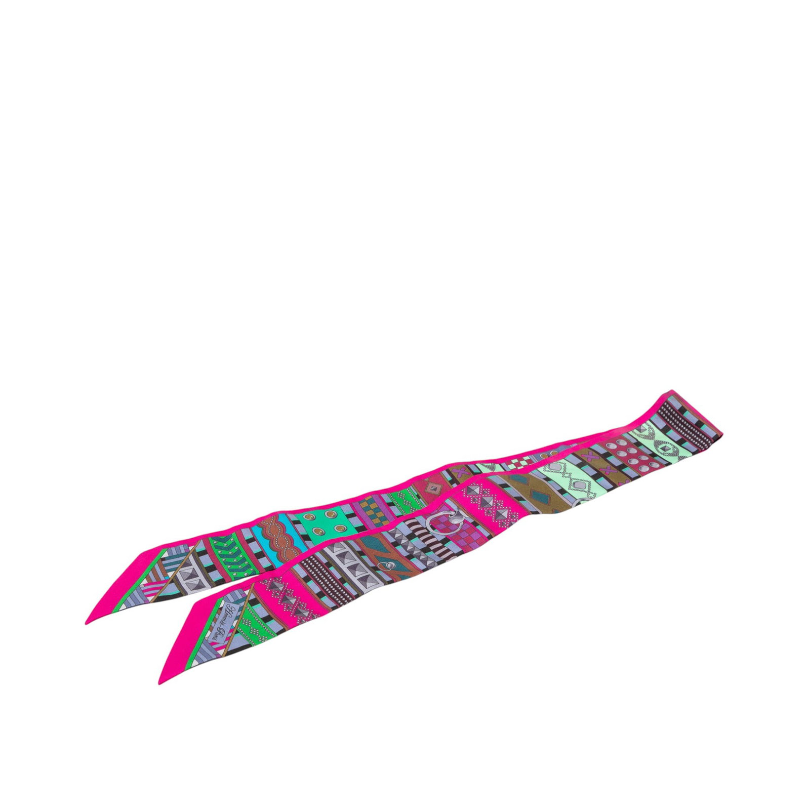 Hermes Colliers de Chiens Pink Silk Twilly Scarf: Hermes Colliers de Chiens Pink Silk Twilly Scarf Hermes Colliers de Chiens silk twilly scarf in pink, featuring the Colliers de Chiens print on 100% silk. Made in France. Includes box. Condition is B+