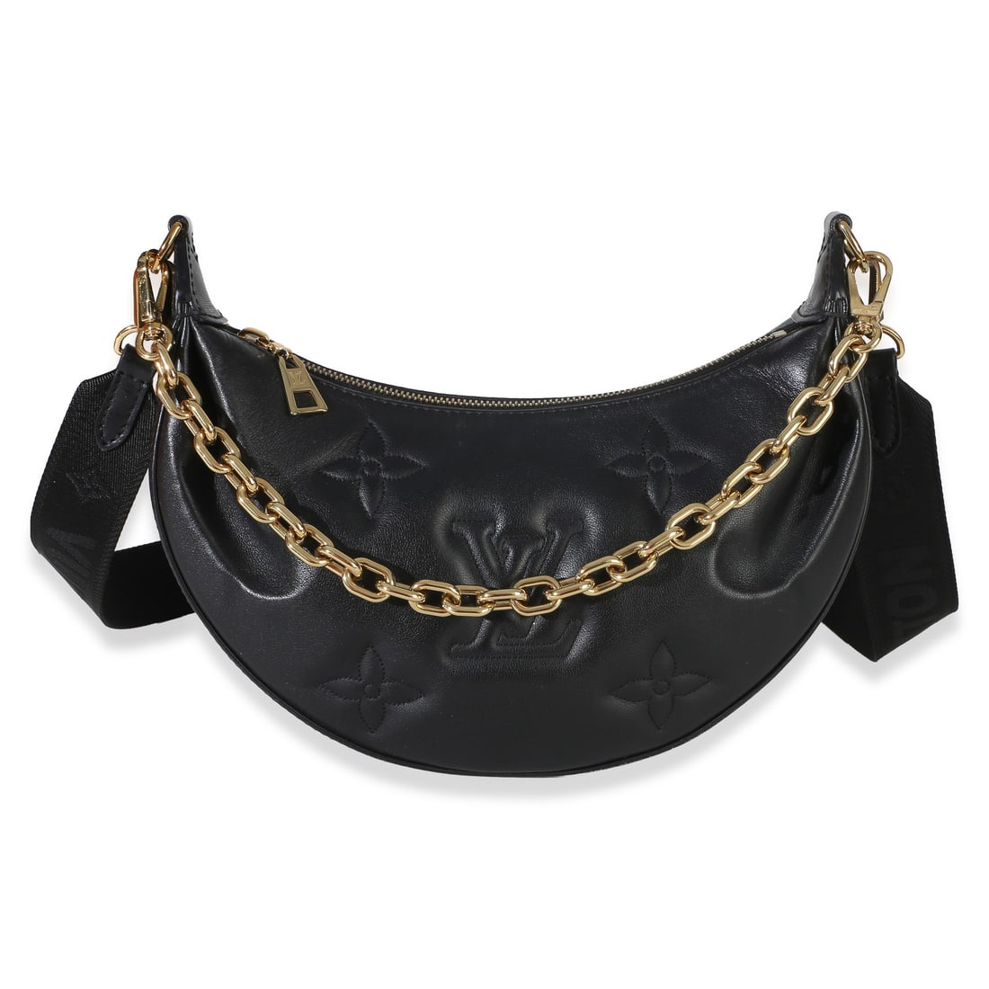 Louis Vuitton Over The Moon black leather shoulder bag with strap: Louis Vuitton Over The Moon black leather shoulder bag with strap Pre-owned Louis Vuitton Over The Moon shoulder bag in black calfskin leather with a zip-top closure and gold-tone hardware. This unise