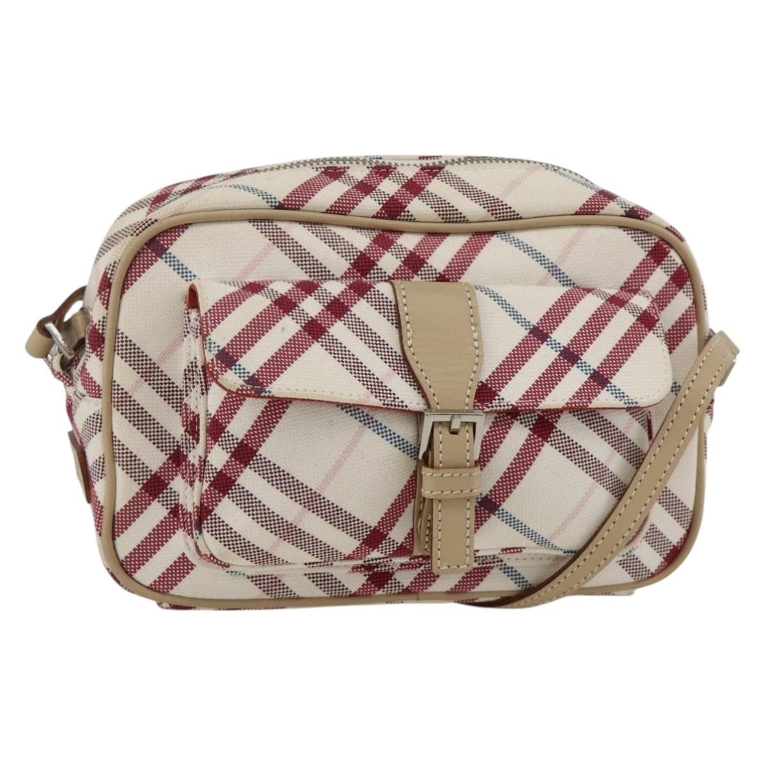 Burberry Blue Label Shoulder Bag White Canvas and Leather Japan Exclusive: Burberry Blue Label Shoulder Bag White Canvas and Leather Japan Exclusive This is a Burberry Nova Check Blue Label shoulder bag crafted from canvas with leather accents in white and silver tones. Desi