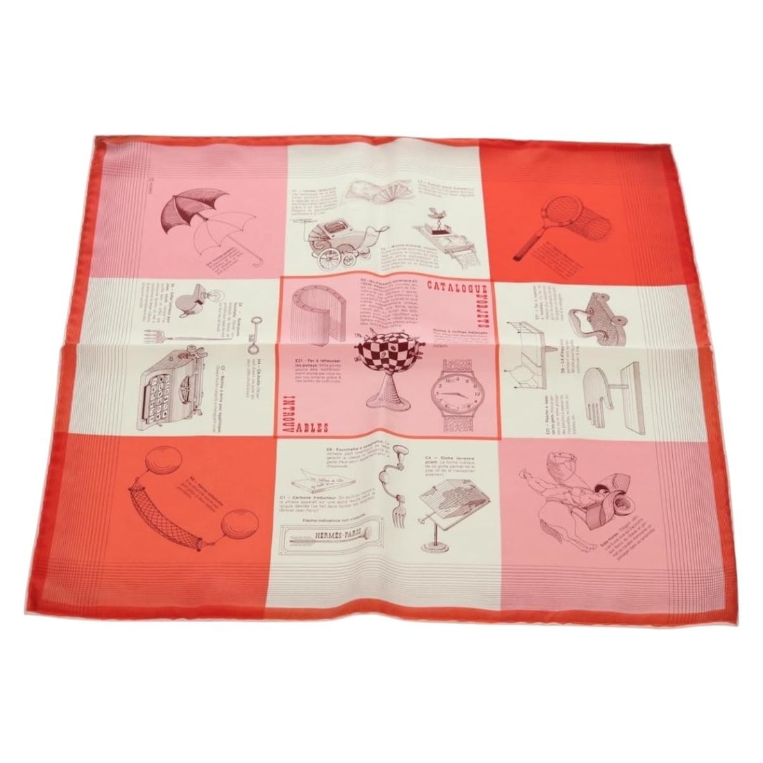 Hermes Carre 45 Silk Scarf Catalogue D'Objets Orange France: Hermes Carre 45 Silk Scarf Catalogue D'Objets Orange France Hermes Carre 45 "Catalogue D'Objets" scarf in orange silk. Made in France, this women's scarf includes the item box. Condition is excellent,