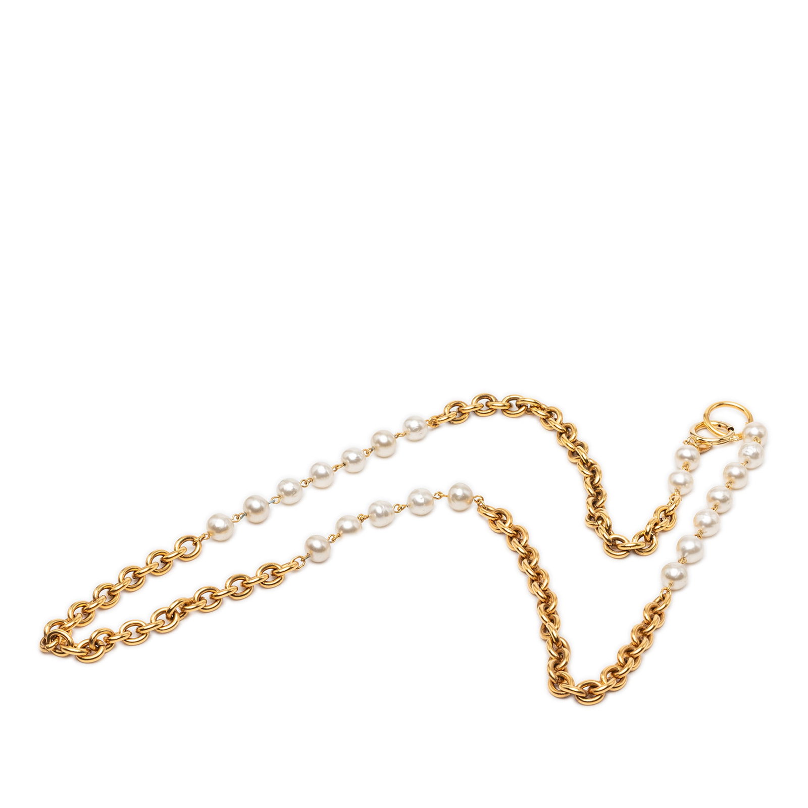 Chanel Faux Pearl Chain Necklace Gold Tone Metal: Chanel Faux Pearl Chain Necklace Gold Tone Metal Chanel gold plated faux pearl chain necklace with a spring ring closure. This costume jewelry piece features gold-tone chains accented with faux pearls
