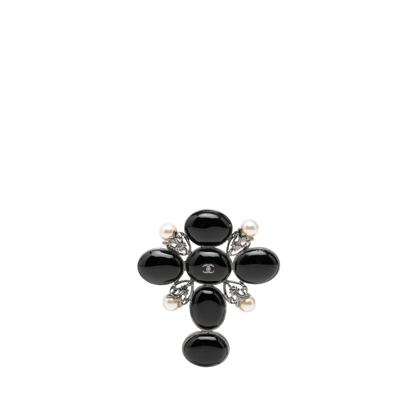 Chanel CC Cross Brooch Silver Tone Resin Faux Pearl (1 of 3)
