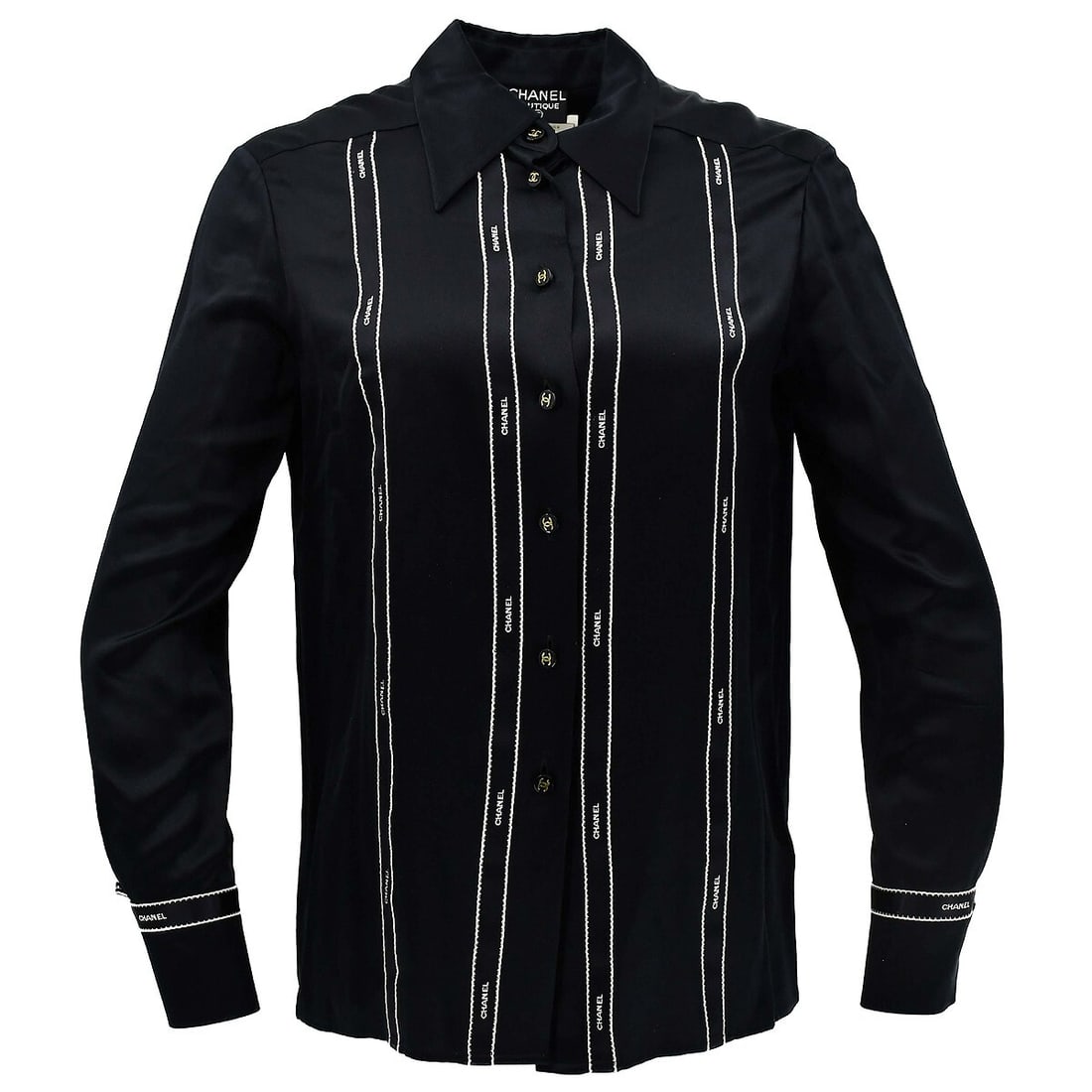 CHANEL 94A Black Silk Collared Long Sleeve Blouse Size 38: CHANEL 94A Black Silk Collared Long Sleeve Blouse Size 38 Vintage Chanel women's blouse in black silk with a collared neckline, long sleeves, and button-front closure. Designed in a regular fit, this 