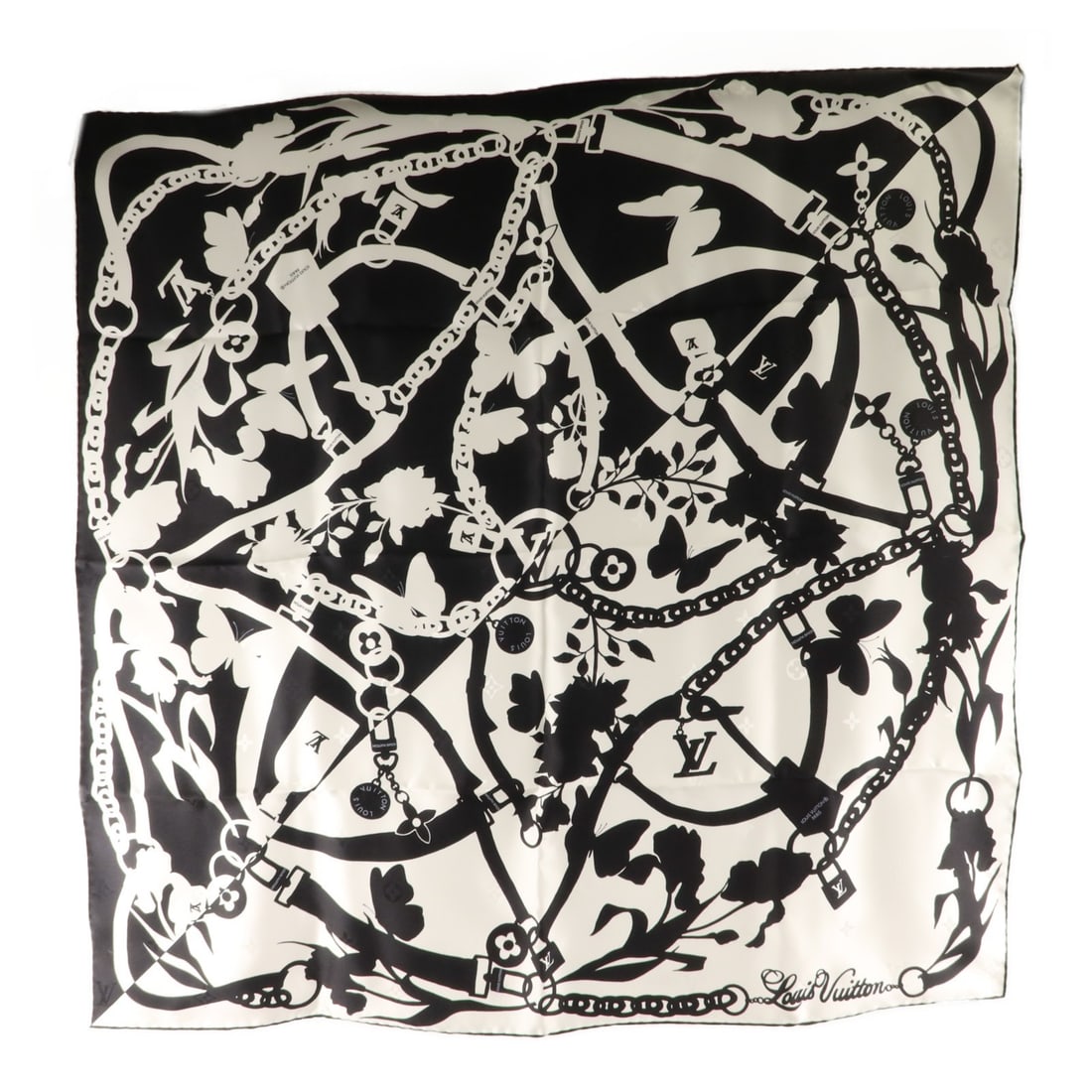 Louis Vuitton M98475 Bloom Square 90 silk scarf black white: Louis Vuitton M98475 Bloom Square 90 silk scarf black white Louis Vuitton Bloom Square 90 scarf in silk with a black and white design. This women's scarf is made in France and includes a storage box. 