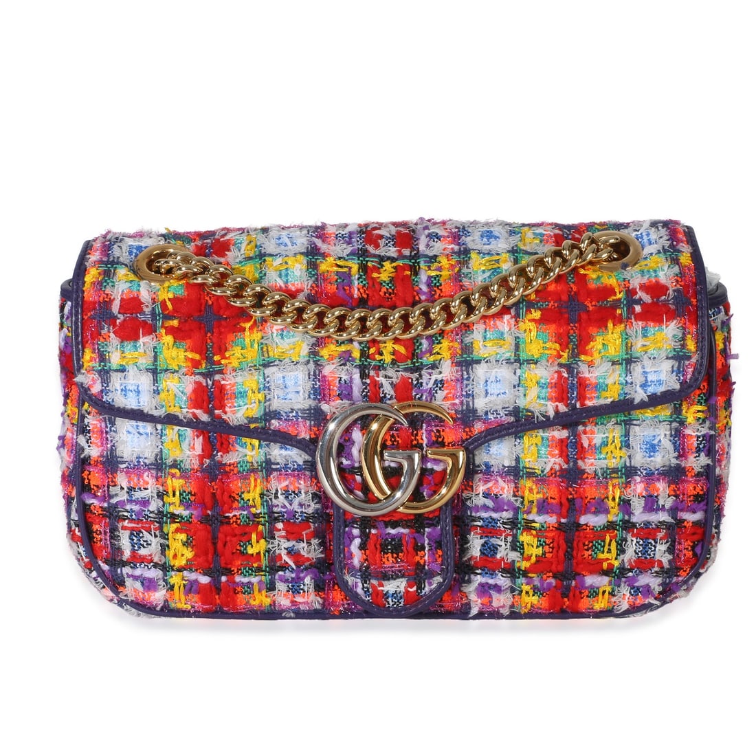 Gucci Small Marmont Tweed Shoulder Bag in Purple Multicolor: Gucci Small Marmont Tweed Shoulder Bag in Purple Multicolor Pre-owned Gucci Small Marmont shoulder bag in purple and multicolor tweed. This unisex design features a push lock closure, purple fabric li