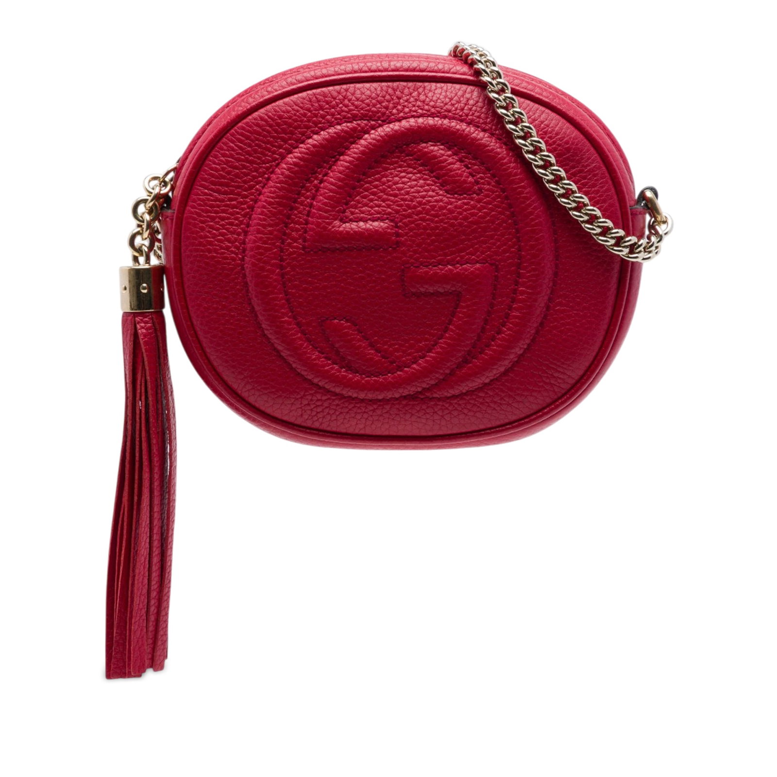Gucci Soho Mini Pebbled Calfskin Crossbody Bag Red Leather: Gucci Soho Mini Pebbled Calfskin Crossbody Bag Red Leather Gucci Soho chain crossbody bag in red pebbled calfskin leather with tassel detail and a top zip closure. The interior includes a slip pocket.