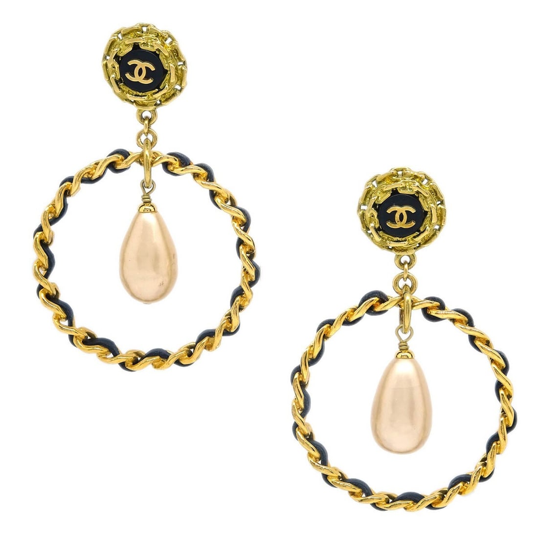 Chanel 95P Gold Plated Hoop Clip-On Earrings with Faux Pearls: Chanel 95P Gold Plated Hoop Clip-On Earrings with Faux Pearls Vintage Chanel clip-on dangle hoop earrings featuring a gold-plated finish with artificial pearl accents and leather details. Marked 95P a