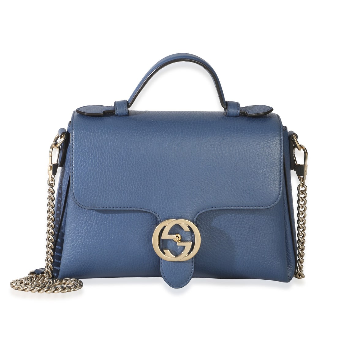 Gucci Interlocking GG Top Handle Bag Blue Leather: Gucci Interlocking GG Top Handle Bag Blue Leather Pre-owned Gucci Interlocking GG top handle bag in blue dollar calfskin leather. This unisex design features a structured silhouette with top handle, c