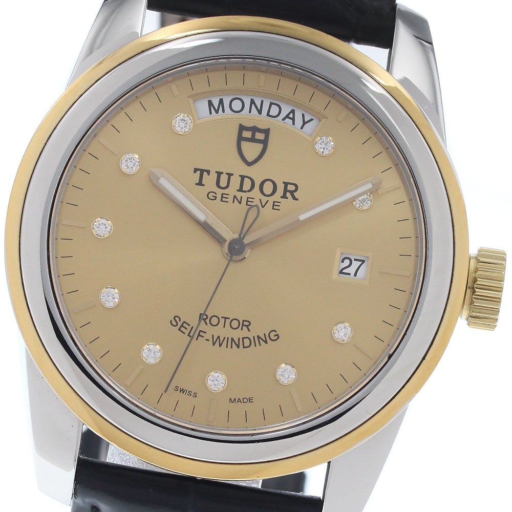 TUDOR Glamour Date Day Ref 56003 Mens Automatic Watch: TUDOR Glamour Date Day Ref 56003 Mens Automatic Watch Pre-owned TUDOR Glamour Date-Day men's wristwatch with a yellow gold bezel and 10P diamond dial. This automatic watch features a gold dial, day-da