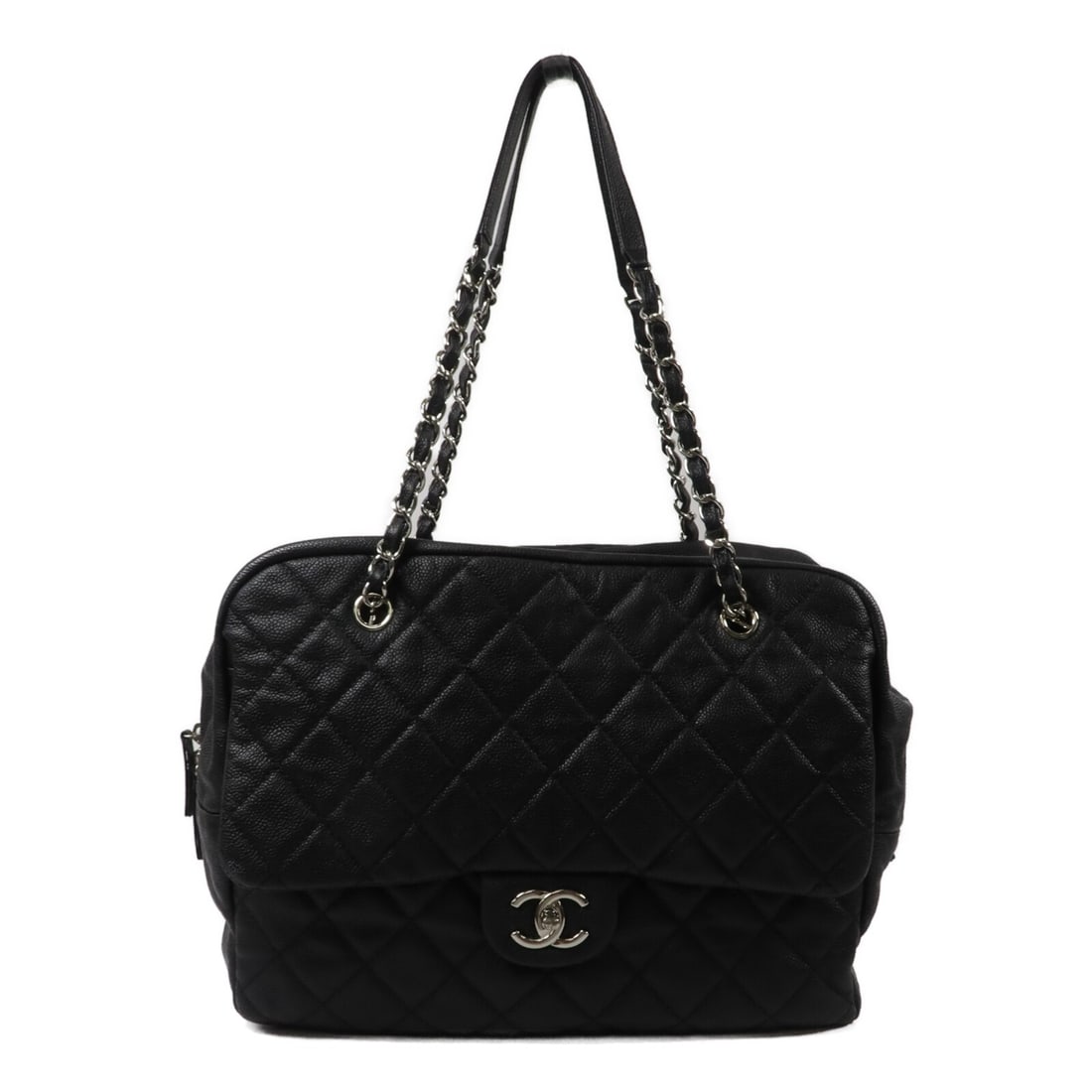 CHANEL CC black calfskin shoulder bag with silver tone chain: CHANEL CC black calfskin shoulder bag with silver tone chain Classic Chanel CC chain shoulder bag in black calfskin leather with a structured shoulder bag silhouette. This women's bag features multipl