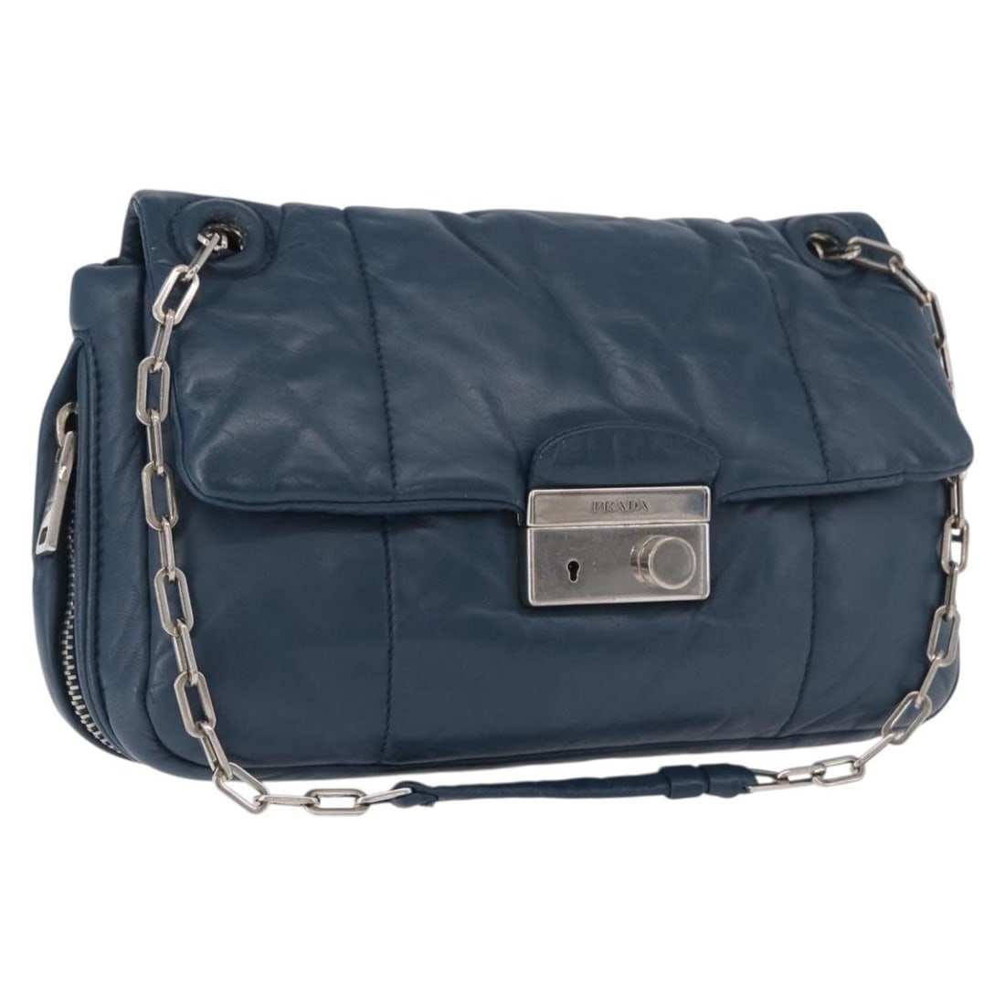 Prada Blue Leather Shoulder Bag with Chain Silver Tone Hardware: Prada Blue Leather Shoulder Bag with Chain Silver Tone Hardware Authentic Prada chain shoulder bag in blue leather with silver-tone accents. This women's shoulder bag includes a dust bag and one key. 