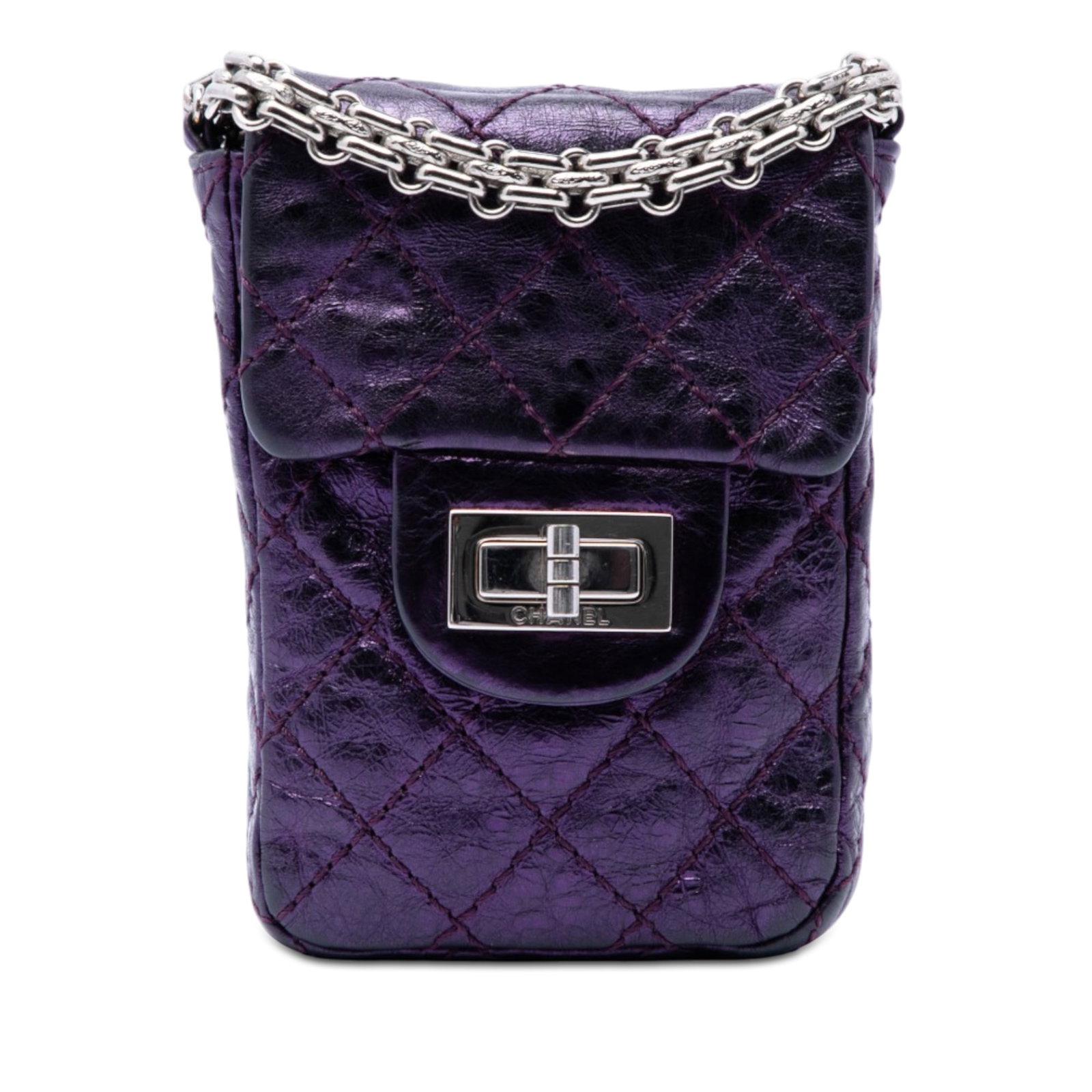 Chanel Reissue 2.55 Phone Holder Quilted Metallic Calfskin Purple: Chanel Reissue 2.55 Phone Holder Quilted Metallic Calfskin Purple Quilted metallic aged calfskin Reissue 2.55 phone holder with a chain link shoulder strap and front flap twist-lock closure. Finished 