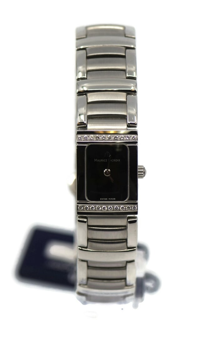 Maurice Lacroix Diamond Black Dial Stainless Steel Quartz Watch: Maurice Lacroix Diamond Black Dial Stainless Steel Quartz Watch This exquisite Maurice Lacroix wristwatch features a striking black dial adorned with diamonds, offering a touch of elegance and luxury.