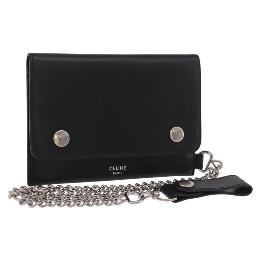 CELINE black leather wallet with chain silver tone Italy: CELINE black leather wallet with chain silver tone Italy Authentic CELINE chain wallet in black leather with silver-tone accents. Made in Italy, this women's wallet includes the dust bag and item box.