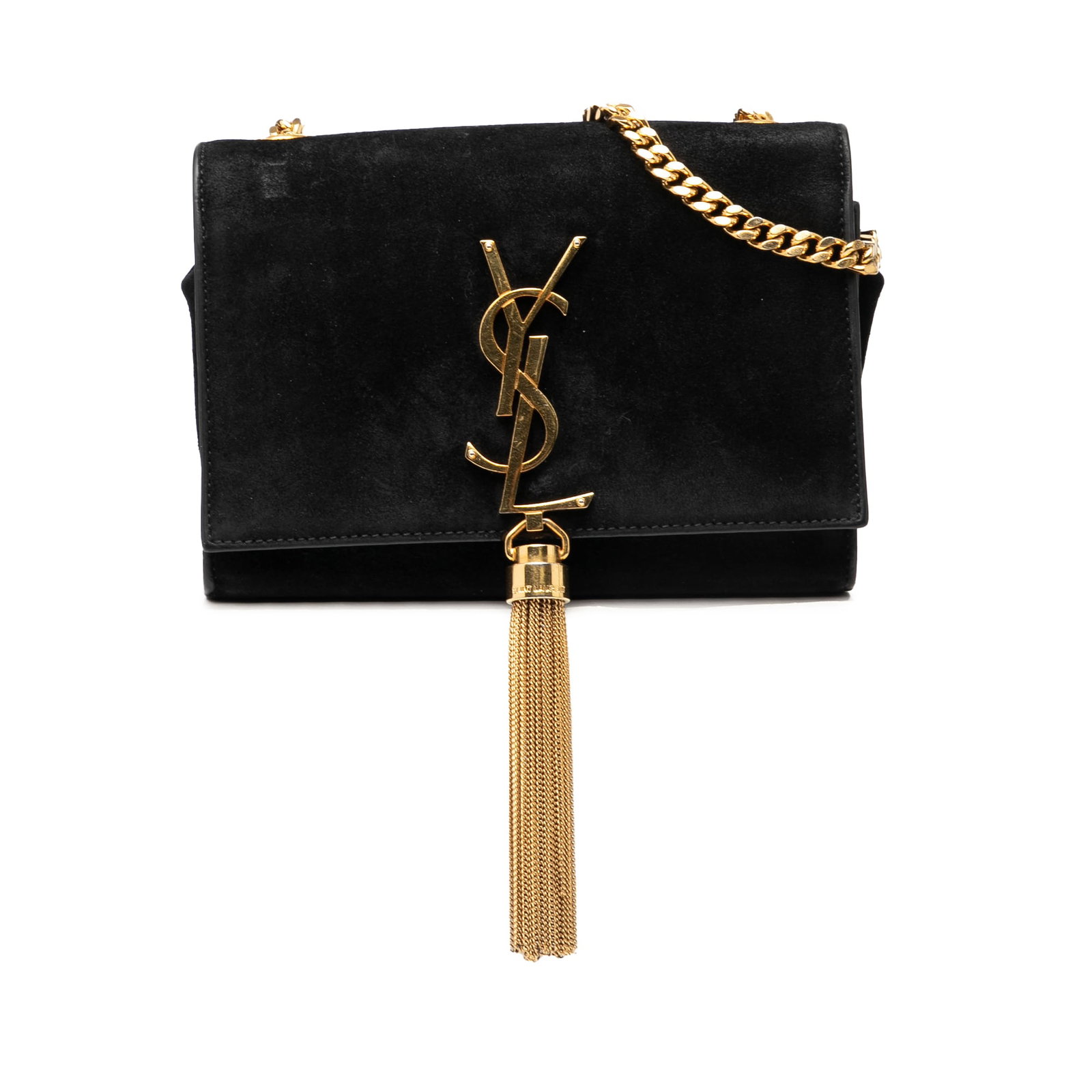 Black Suede Leather Kate Monogram Chain Shoulder Bag by Saint Laurent: Black Suede Leather Kate Monogram Chain Shoulder Bag by Saint Laurent This Saint Laurent Small Suede Monogram Kate Tassel Crossbody features a black suede leather body, a chain shoulder strap, a front
