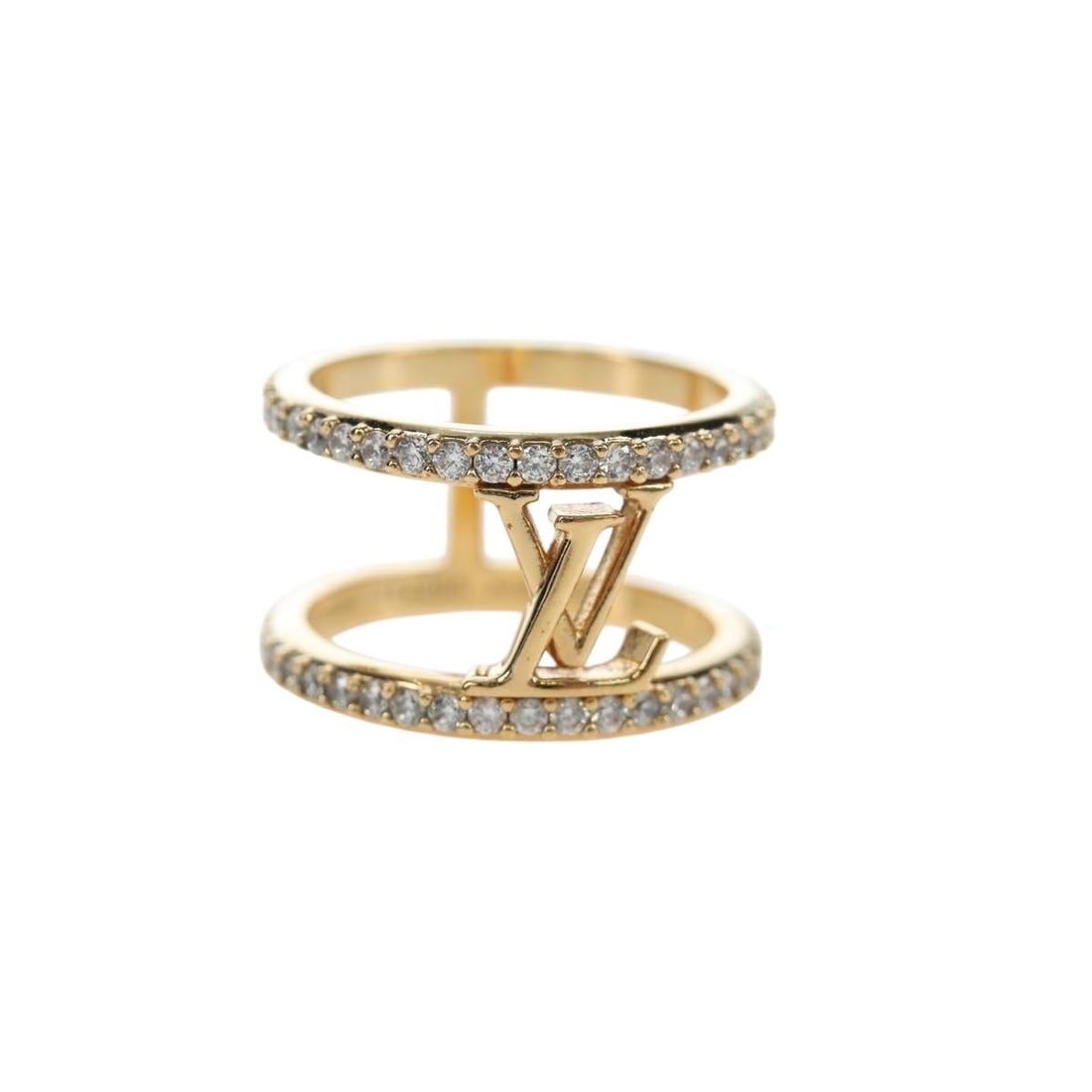 Louis Vuitton M1463M LV Iconic Strass Gold Tone Metal Ring: Louis Vuitton M1463M LV Iconic Strass Gold Tone Metal Ring Louis Vuitton LV Iconic Strass ring in gold-tone metal for women. This ring is made in Italy and comes as the item only, without the original