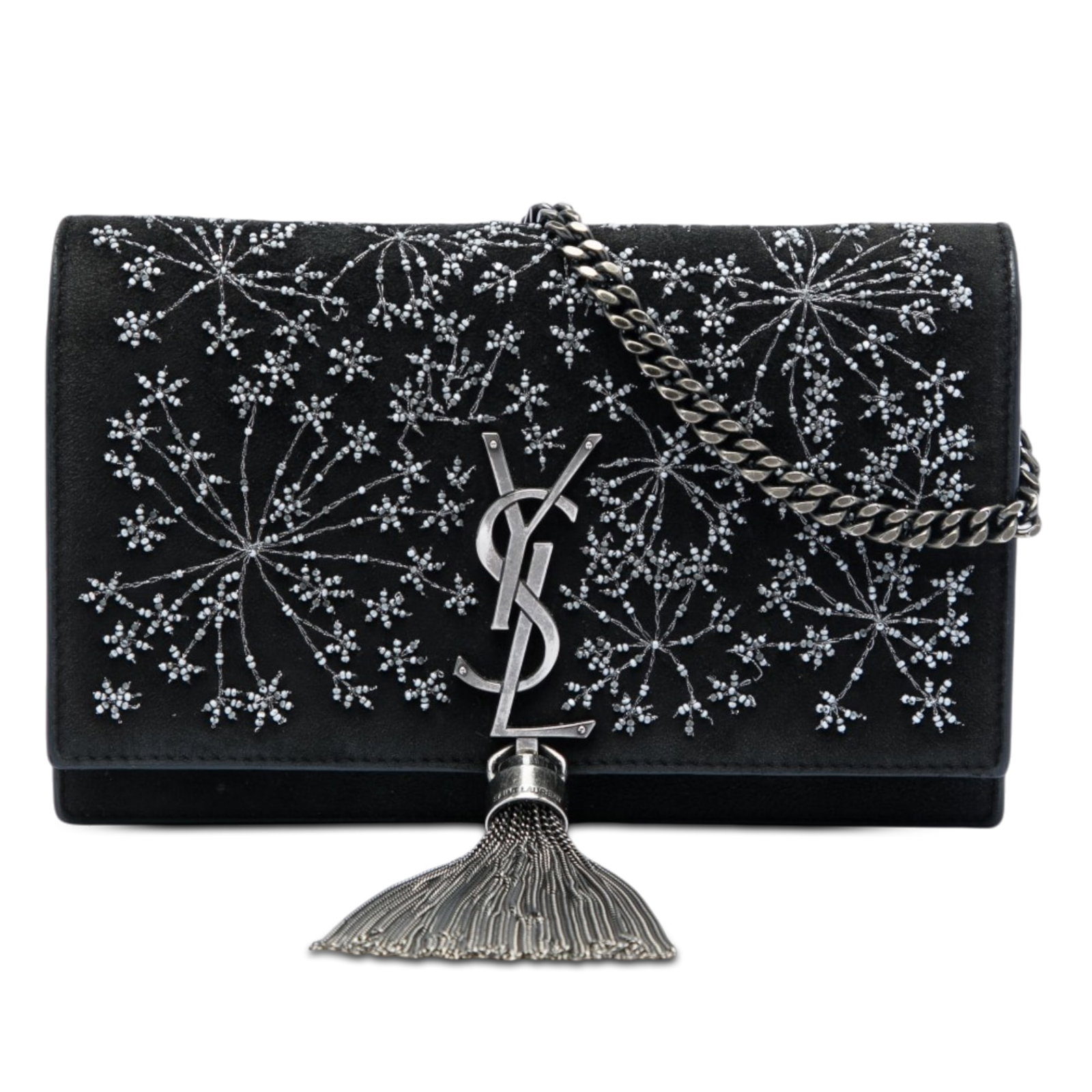 Saint Laurent Kate Monogram Wallet on Chain in Beaded Black Suede (1 of 5)