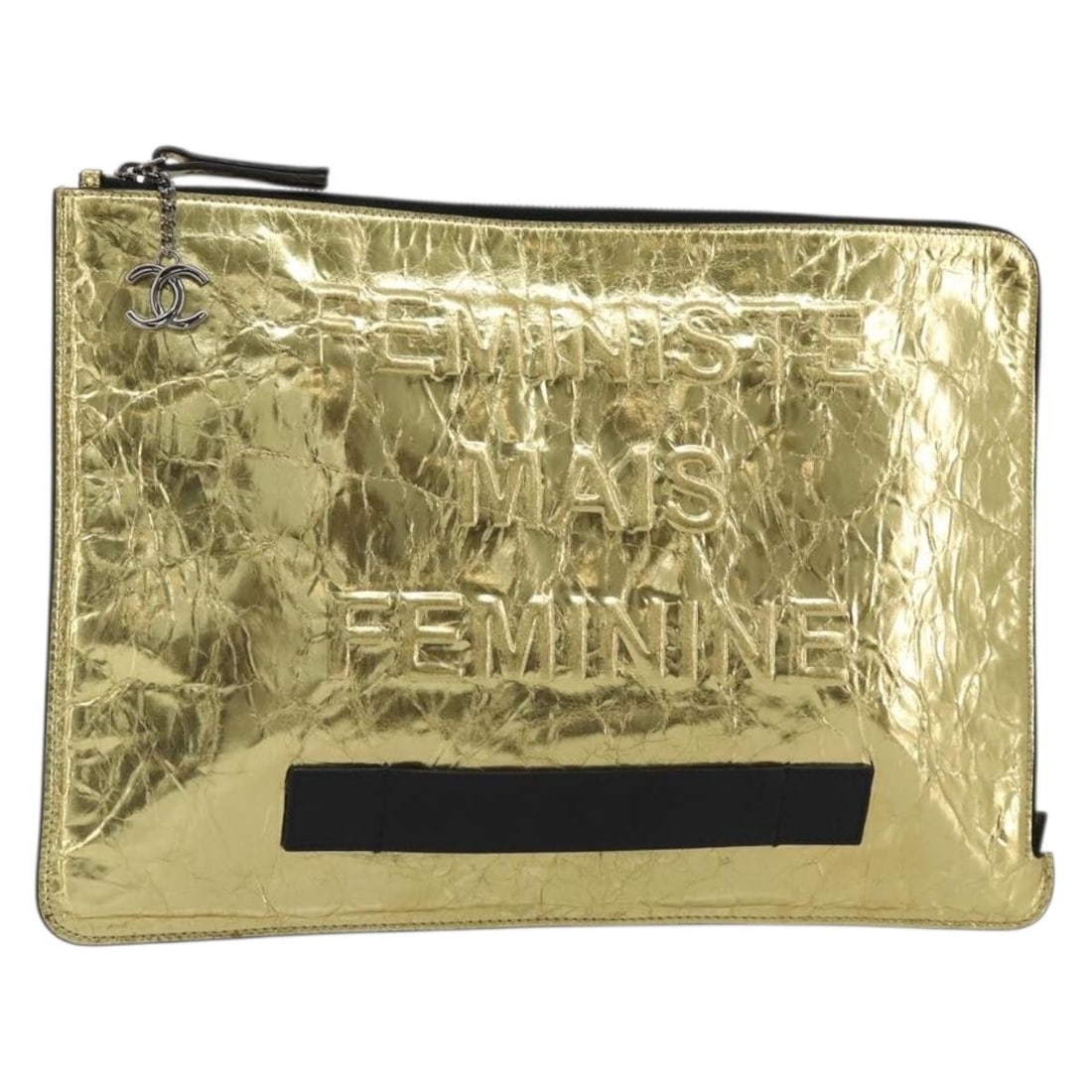 CHANEL Leather Clutch Bag Gold Tone Silver Italy: CHANEL Leather Clutch Bag Gold Tone Silver Italy CHANEL clutch bag in leather with a gold tone and silver exterior color. Made in Italy, this women's clutch bag measures approximately 37 cm wide, 26 c