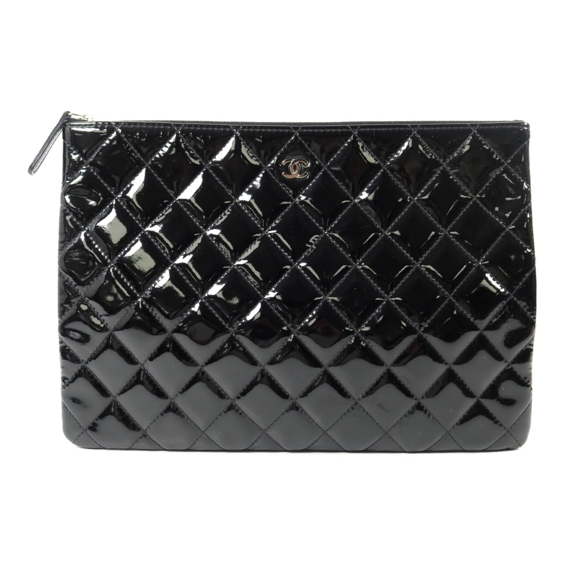 CHANEL CC Patent Calfskin Clutch Bag Black SHW: CHANEL CC Patent Calfskin Clutch Bag Black SHW Black patent leather clutch bag with CC and silver-tone hardware. This women's bag includes a storage bag and hologram sticker. Condition is B with reaso