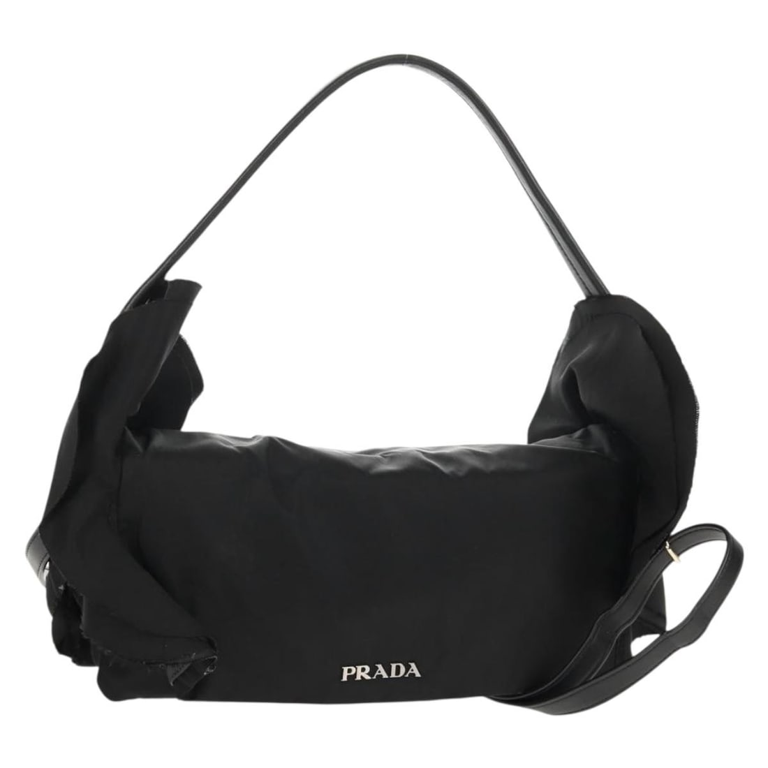 PRADA Frill Nylon Hand Bag Silver Black Auth 2way AM10099V: PRADA Frill Nylon Hand Bag Silver Black Auth 2way AM10099V Introducing the PRADA Frill Hand Bag, a stylish accessory crafted from durable nylon in an elegant silver and black color scheme. This versat