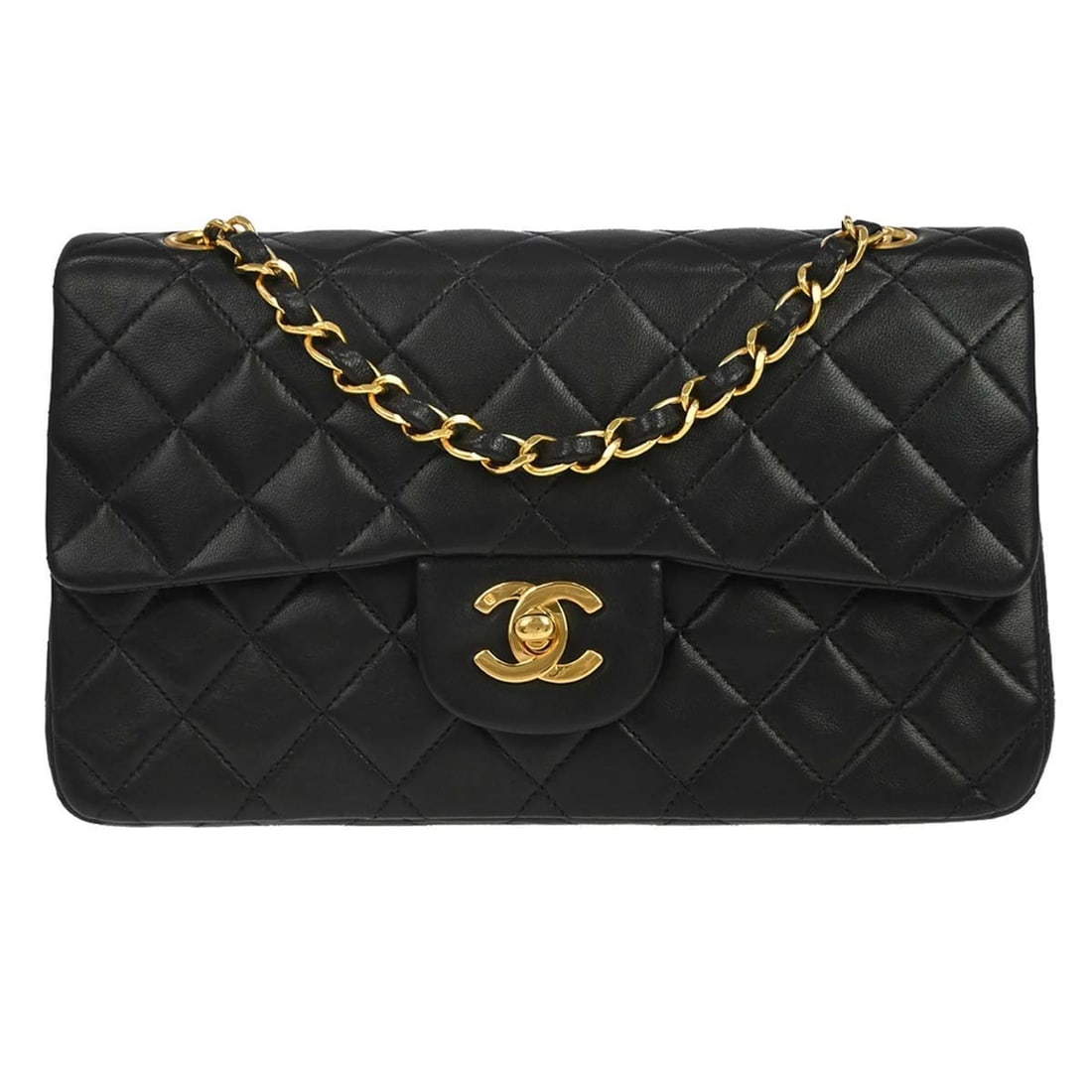 CHANEL Classic Double Flap Small Black Lambskin Shoulder Bag: CHANEL Classic Double Flap Small Black Lambskin Shoulder Bag Chanel Black Lambskin Small Classic Double Flap Shoulder Bag in black lambskin with a matelasse pattern and flap turnlock closure. It featu
