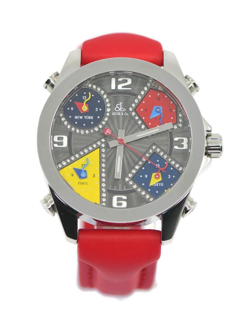 Jacob & Co Five Time Zone Diamond Steel Red Band 40mm Watch with Box (1 of 5)