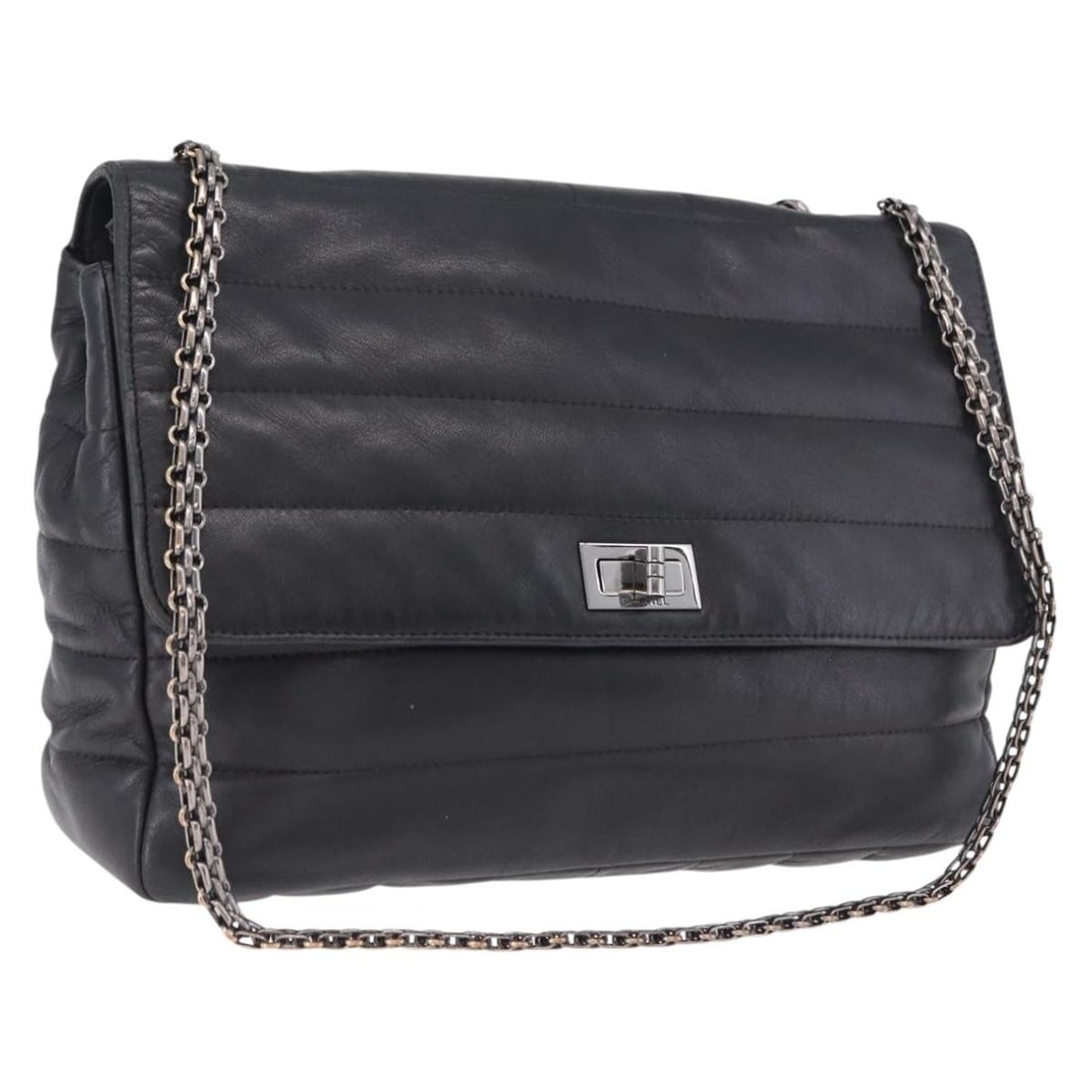CHANEL 2.55 Matelasse Lamb Skin Shoulder Bag Black Silver: CHANEL 2.55 Matelasse Lamb Skin Shoulder Bag Black Silver Chanel 2.55 matelasse shoulder bag in black lamb skin with silver-tone accents. Made in France, this women's shoulder bag includes the guarant