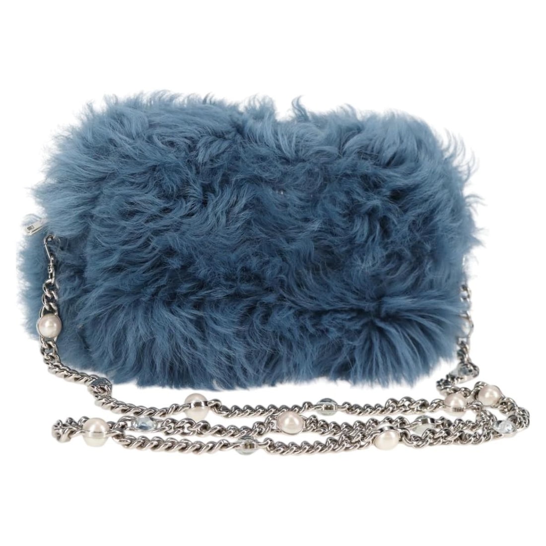 Miu Miu 5BD046 Fur Shoulder Bag Blue Silver with Dust Bag: Miu Miu 5BD046 Fur Shoulder Bag Blue Silver with Dust Bag Miu Miu shoulder bag in blue and silver fur with a chain strap. This women's bag includes a dust bag and shows reasonable wear and tear consis