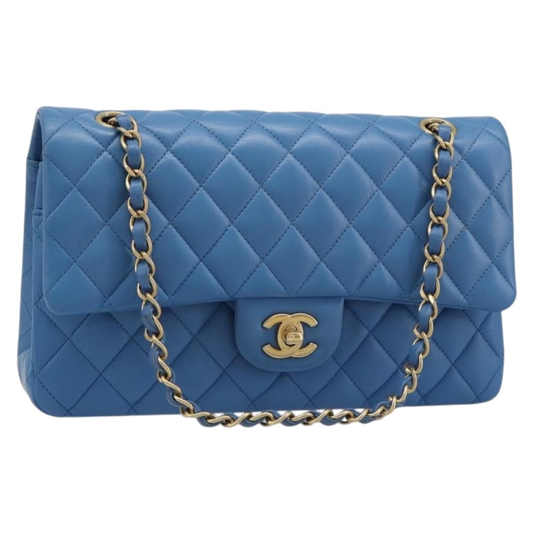 CHANEL Matelasse 25 Double Flap Shoulder Bag Blue Lamb Skin: CHANEL Matelasse 25 Double Flap Shoulder Bag Blue Lamb Skin Chanel Chain Double Flap Matelasse 25 shoulder bag in lamb skin blue and gold. Made in France, this women's bag features a double flap desig
