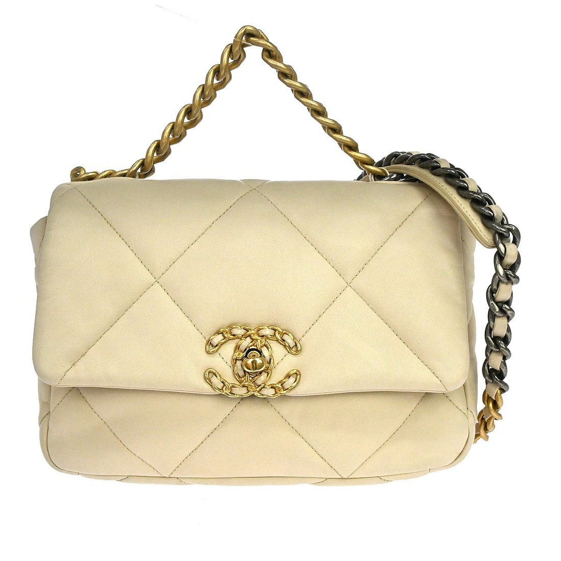 Chanel 19 Flap Beige Leather Handbag 26cm x 16cm x 7cm: Chanel 19 Flap Beige Leather Handbag 26cm x 16cm x 7cm Chanel 19 Flap quilted leather bag in beige. This women's bag is made in Italy and remains in good condition, with light scratching and light mar